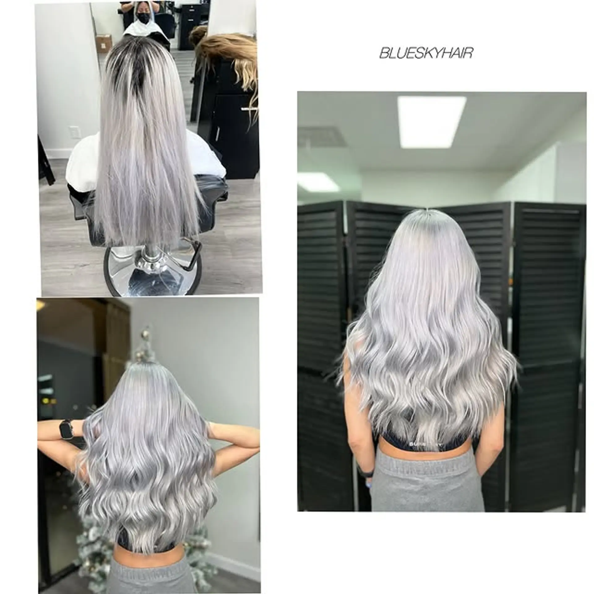 Long wavy hairstyle with an icy silver color melt. 1