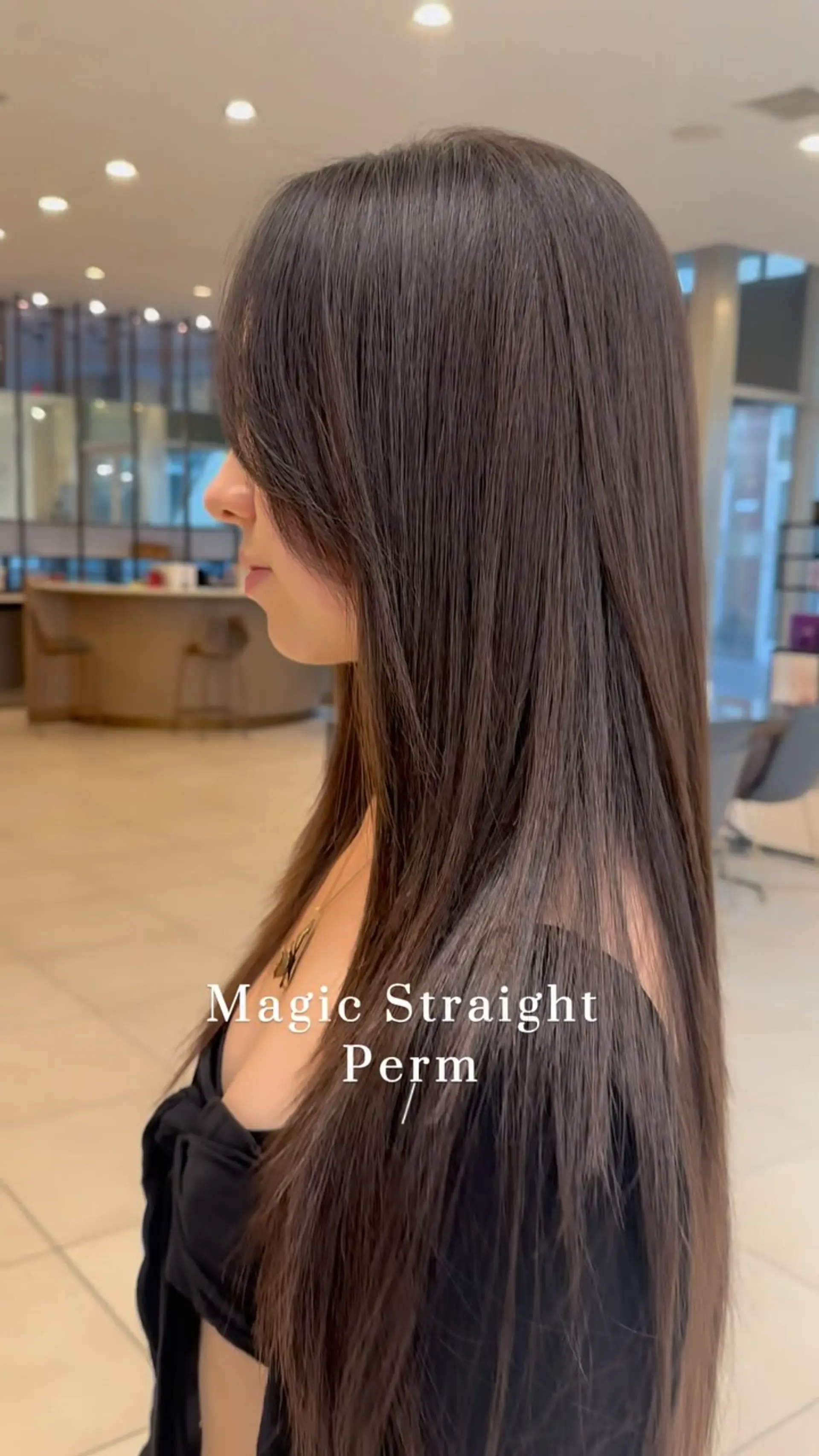 Ultra-sleek, pin-straight long dark brown hair with soft face-framing layers. 1