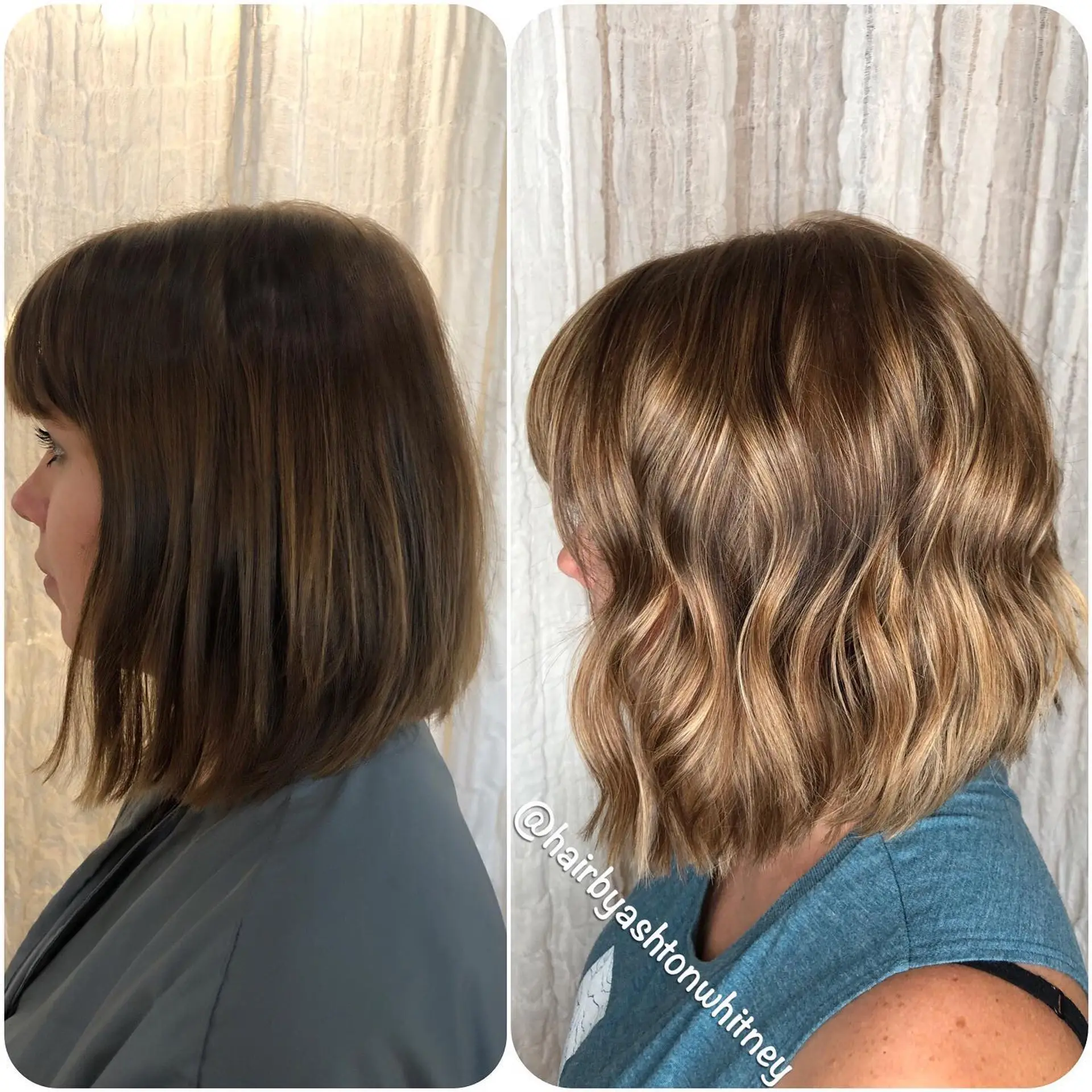 A textured shoulder-length lob with soft tousled waves, fringe bangs, and fine dimensional babylights. 1