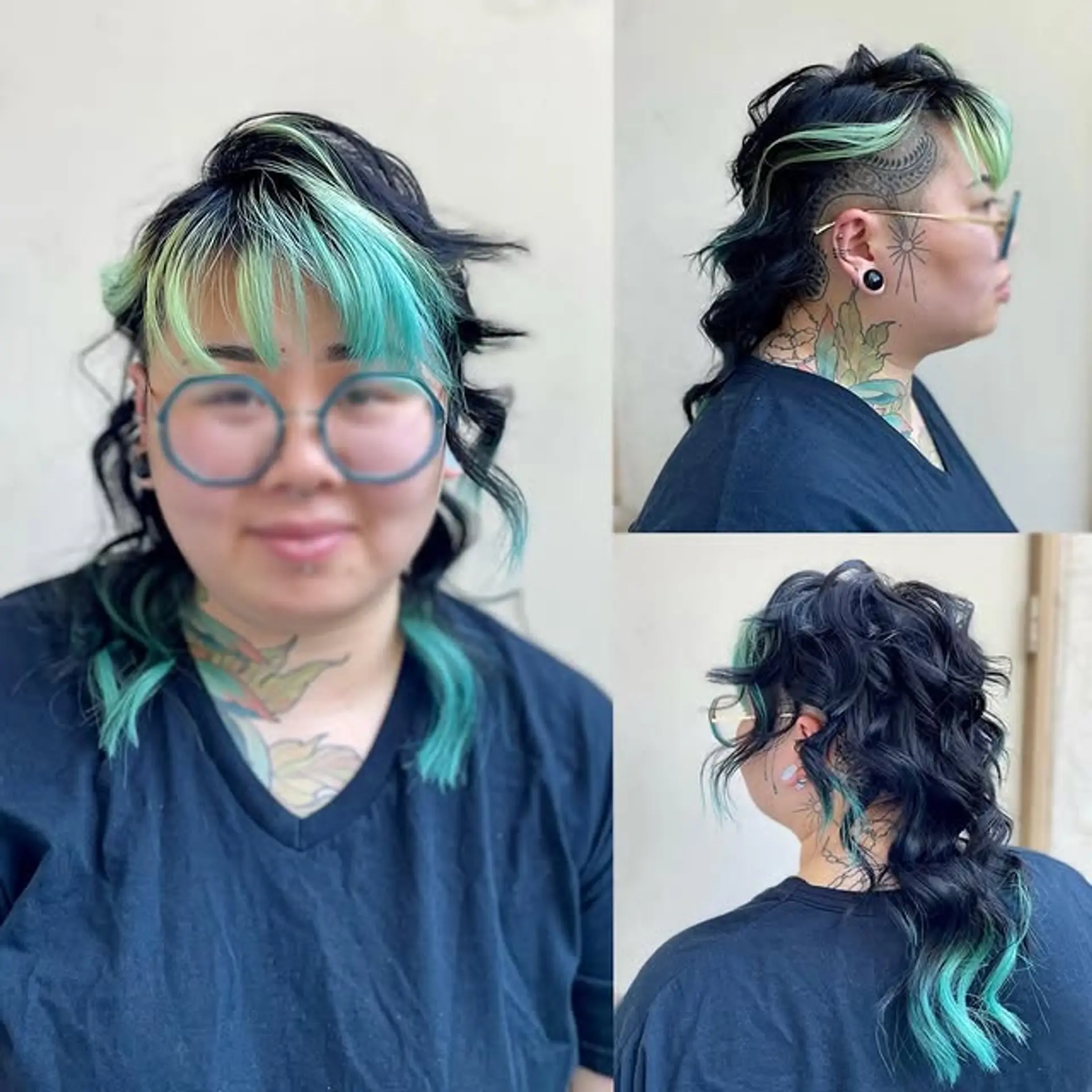 A trendy mullet with an undercut, featuring a striking two-tone color combination and wavy texture. 1
