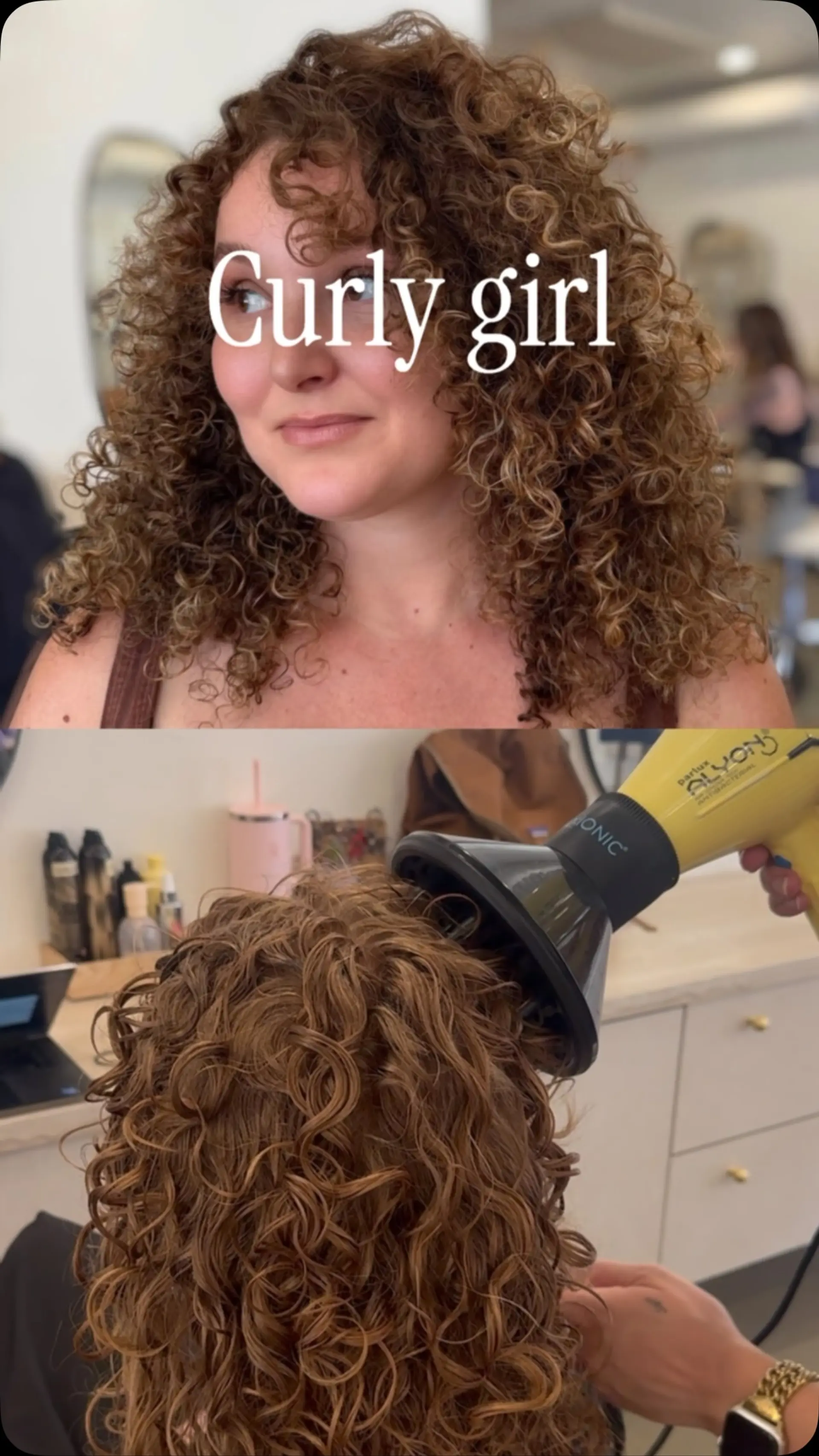 Shoulder-length defined curls featuring curly bangs and full volume, accentuated with warm caramel highlights. 1