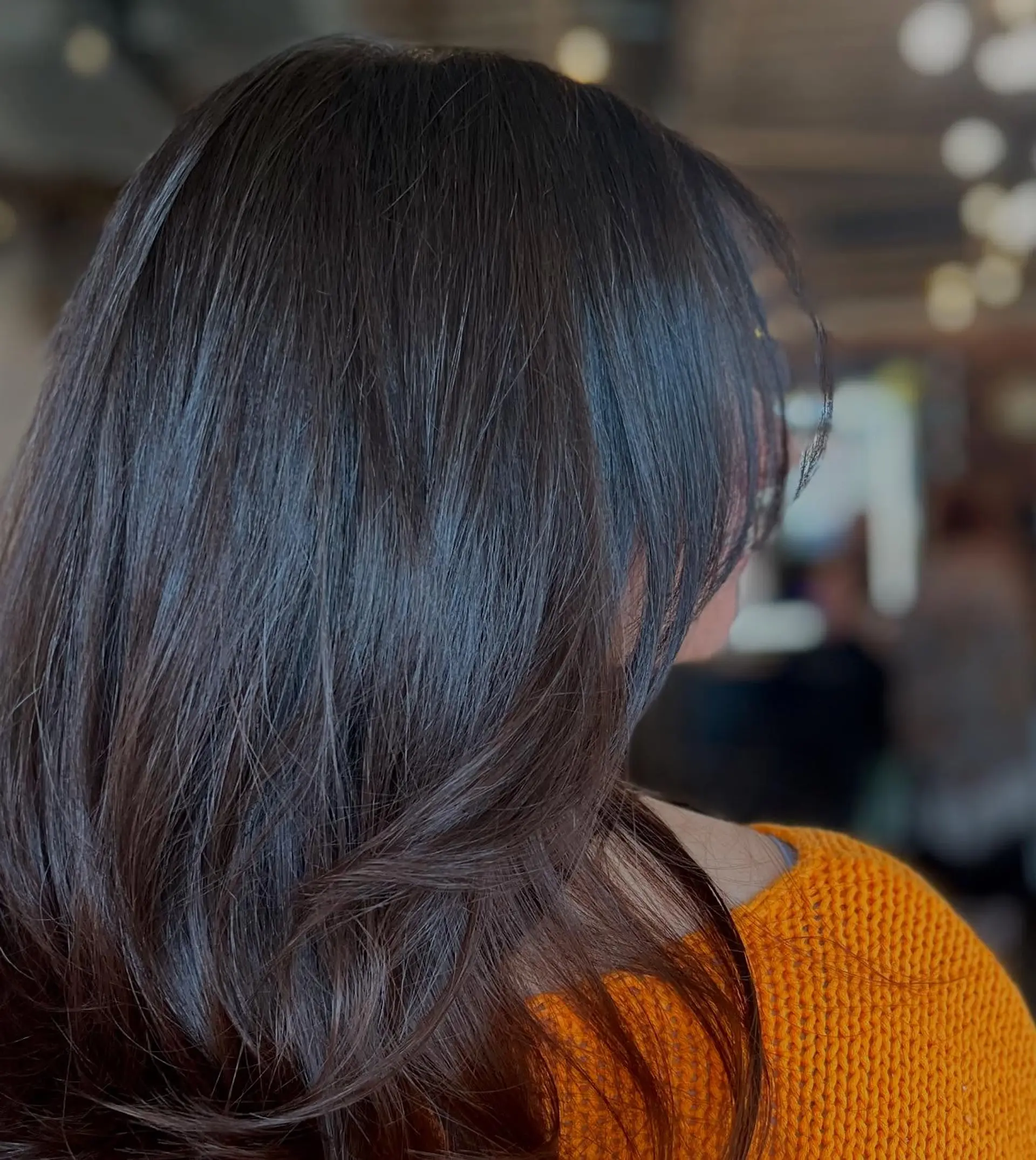 Medium-length dark brunette hair featuring face-framing layers and smooth, softly flipped ends. 1