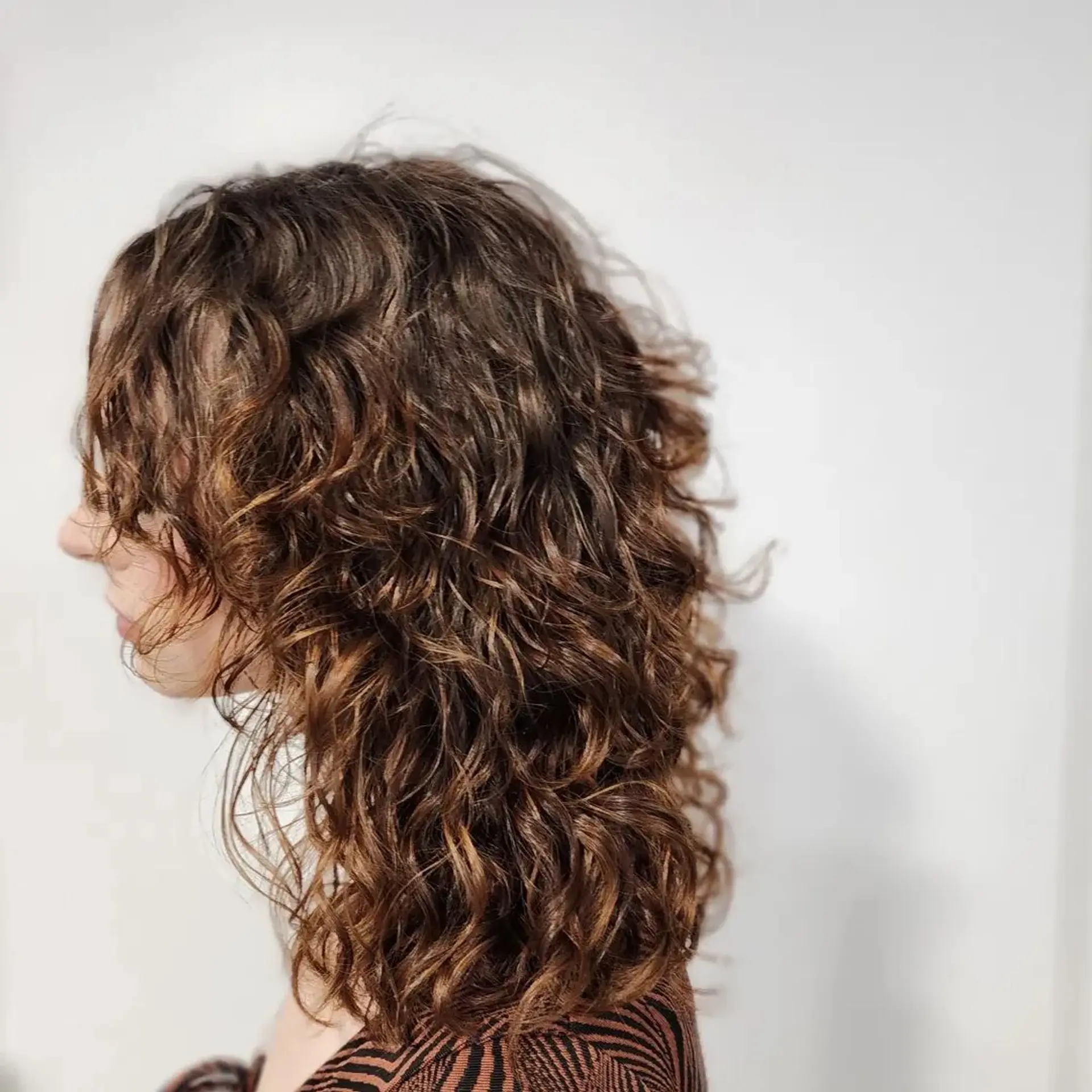 Medium-length chestnut to auburn curly hair with loosely defined curls and natural waves, providing textured volume and a rustic hue. 2