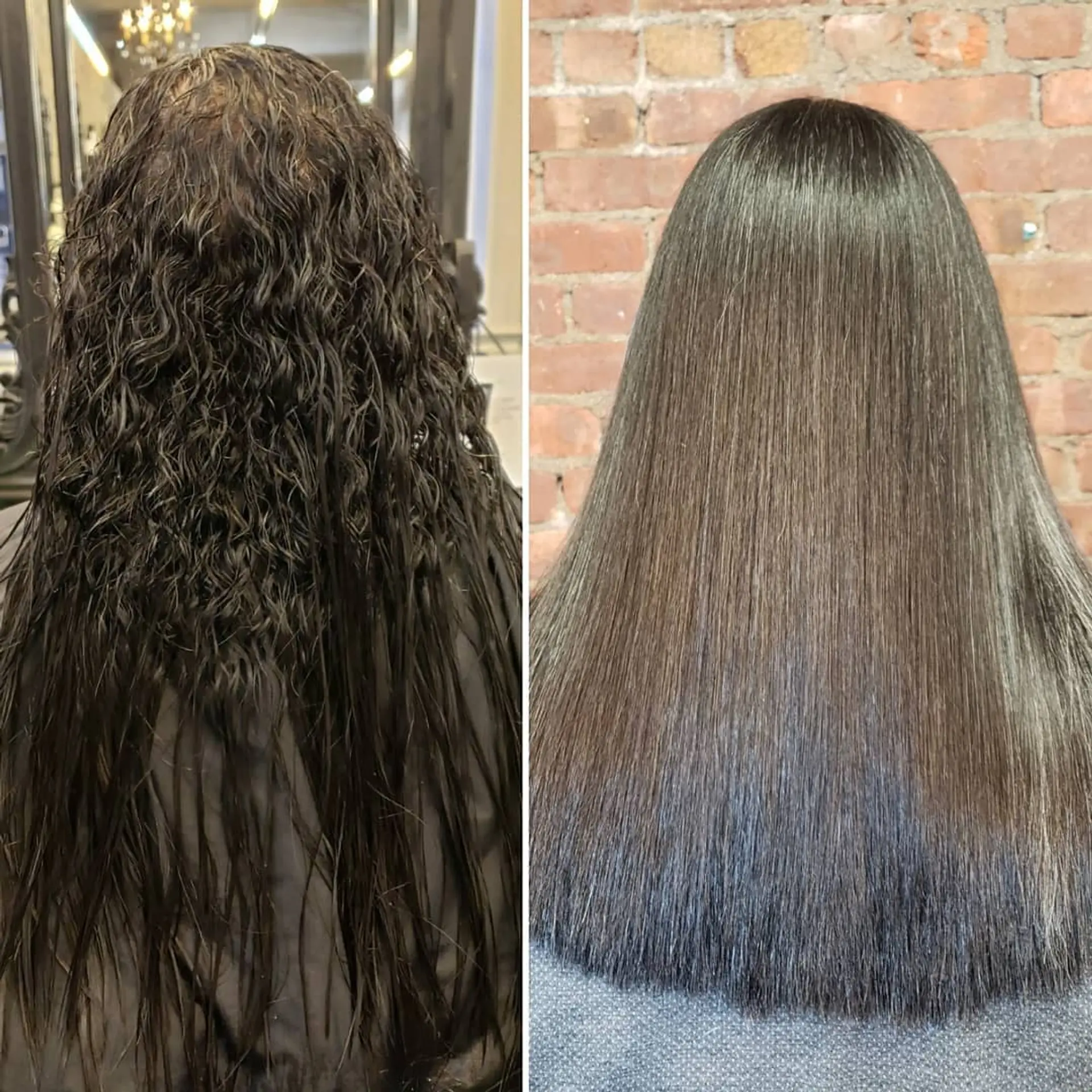 A side-by-side before and after transformation showing frizzy curly hair converted into a smooth, glossy, pin-straight finish. 1