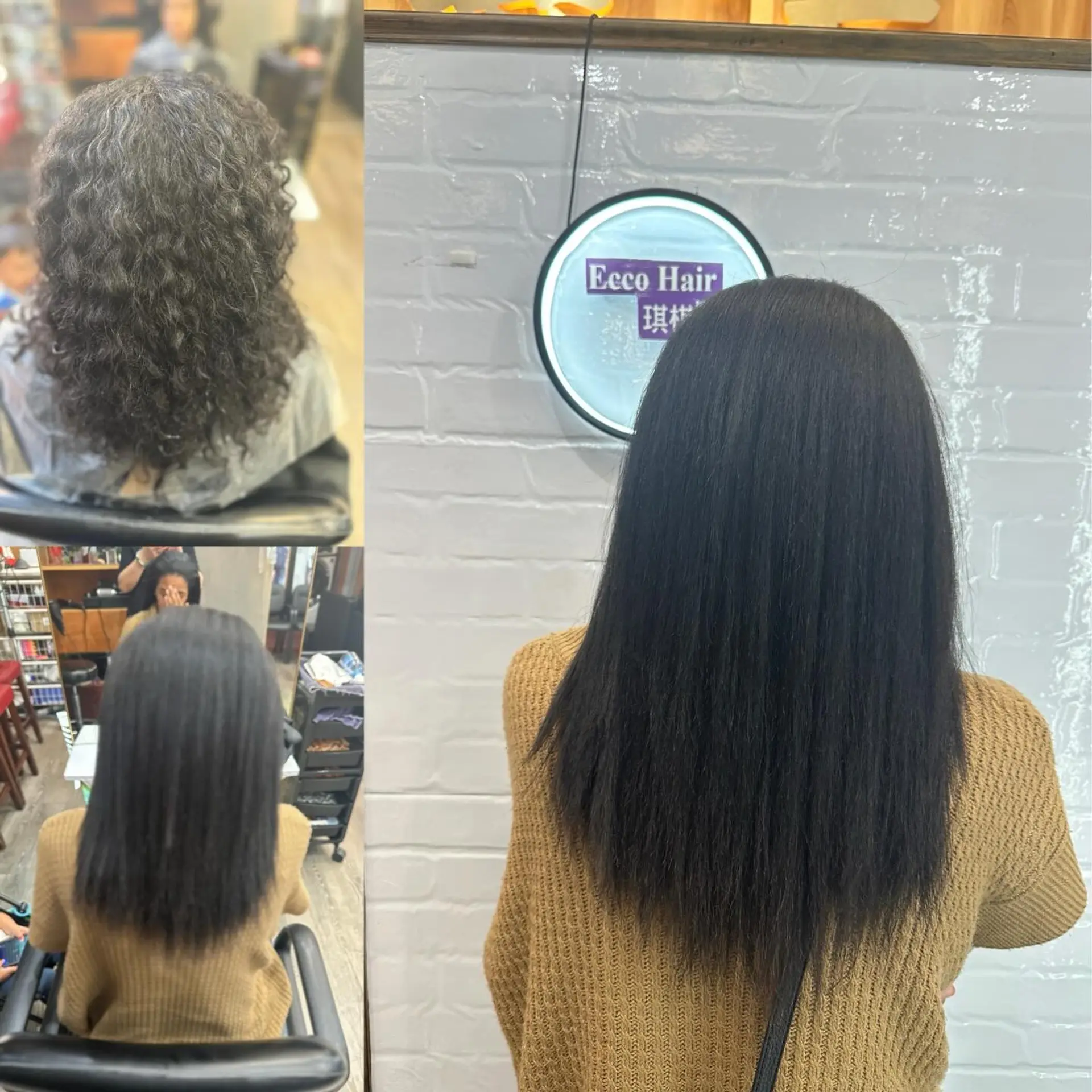 A sleek, smooth Japanese hair straightening transformation shown from the back. 1