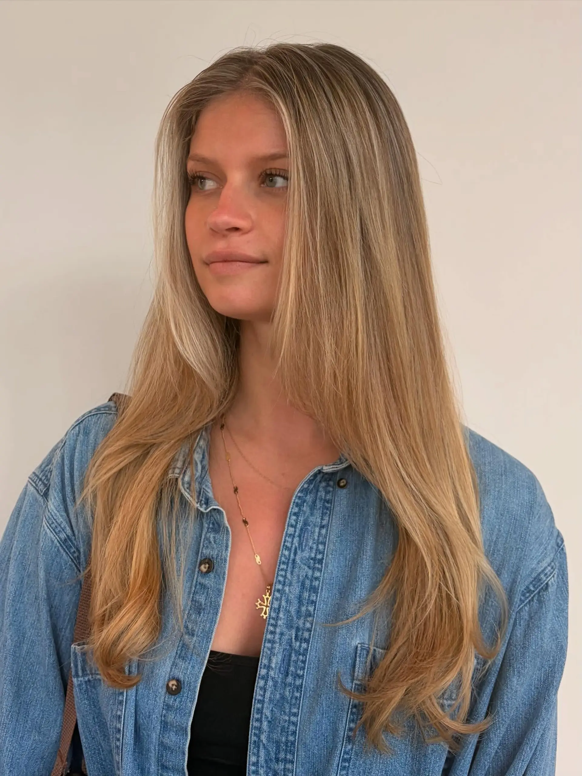 Long layered hair styled sleek with softly curved ends, accented by fine 90s-inspired blonde foil highlights. 1