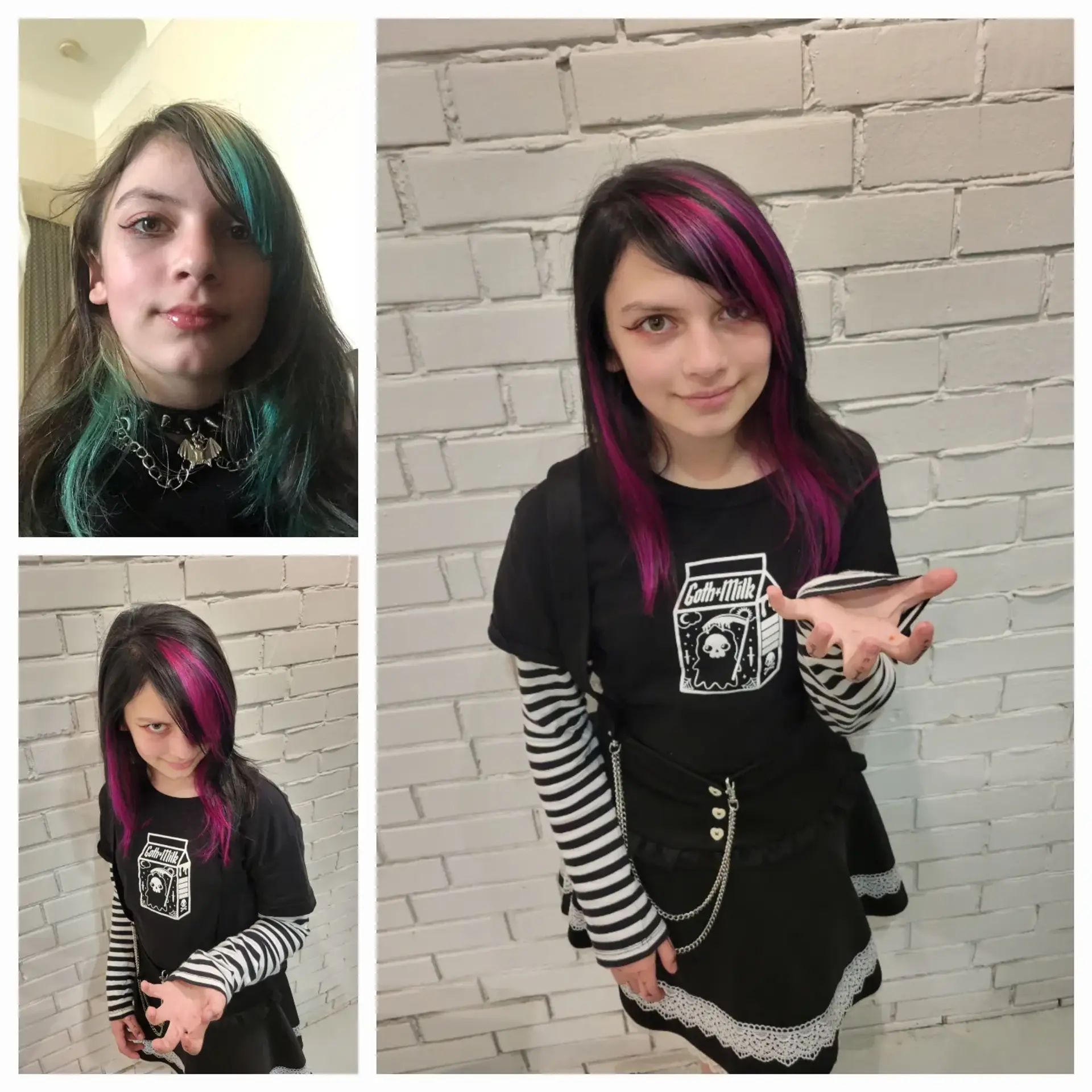 Medium-length straight black hair styled with deep side-swept bangs and vibrant magenta pink highlights framing the face. 1