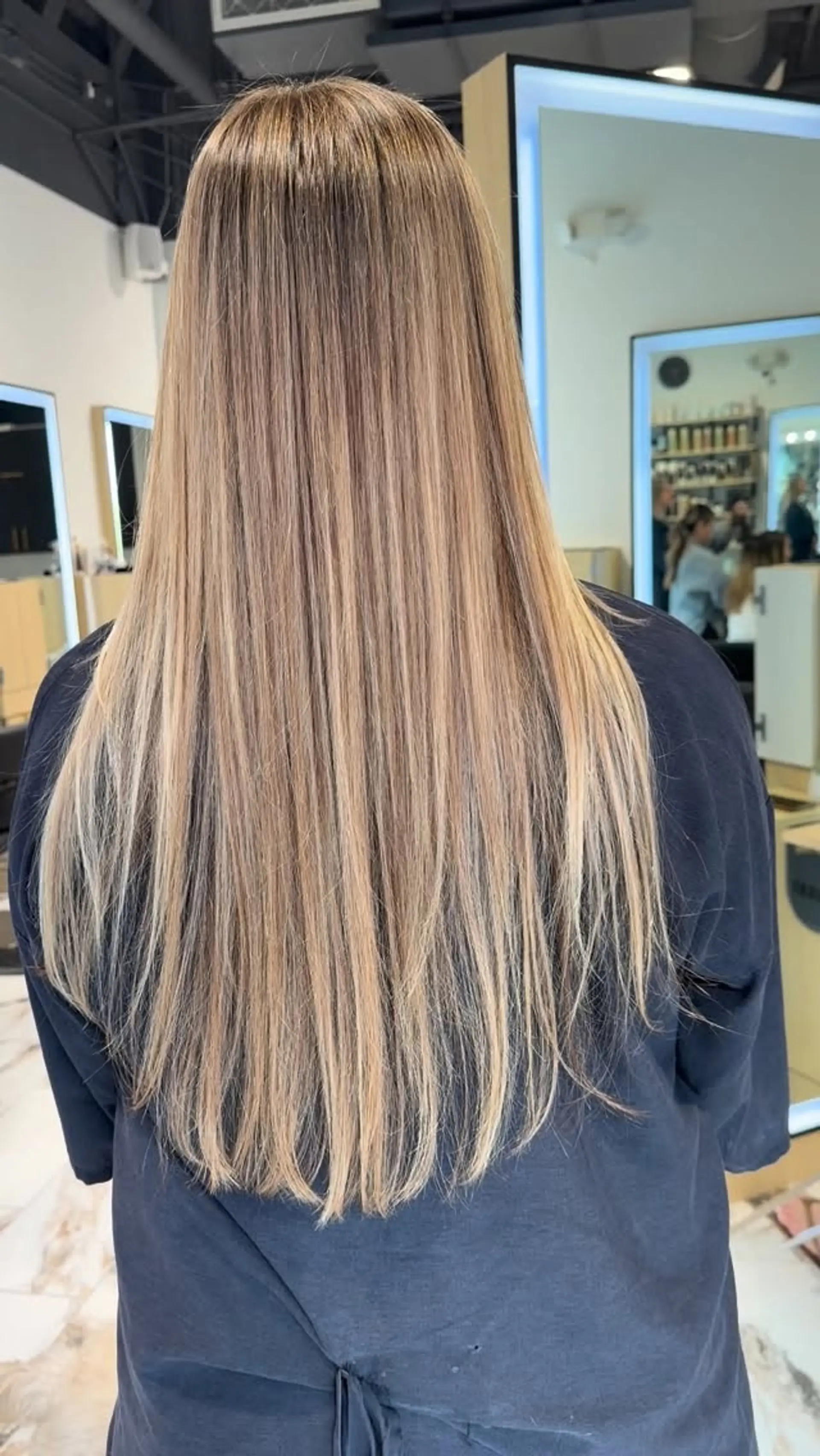 Long, sleek straight hair with soft dimensional blonde highlights and natural depth. 1