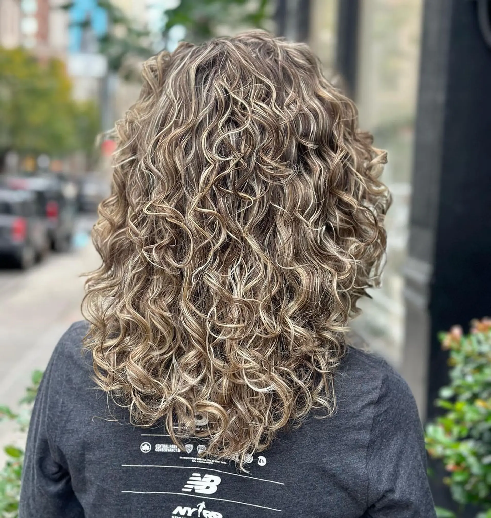 Medium-length, natural bouncy curls with blonde highlights over a light brown base, layered for volume and depth.

Color by @simabeautynyc
Cut and style by @juliamannino_hair
 2