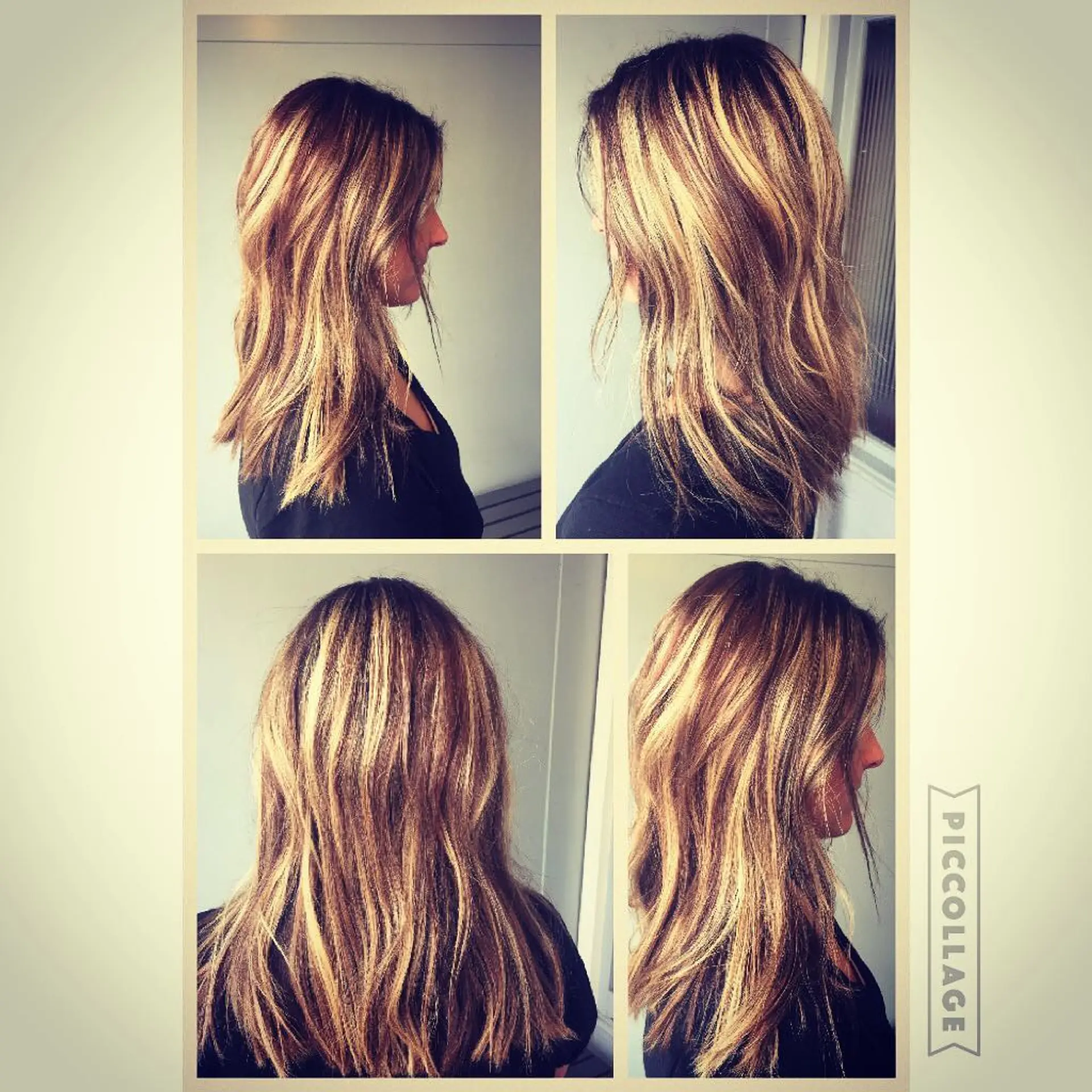 Long layered haircut featuring dimensional warm blonde highlights and brunette lowlights styled with soft, piecey texture. 1