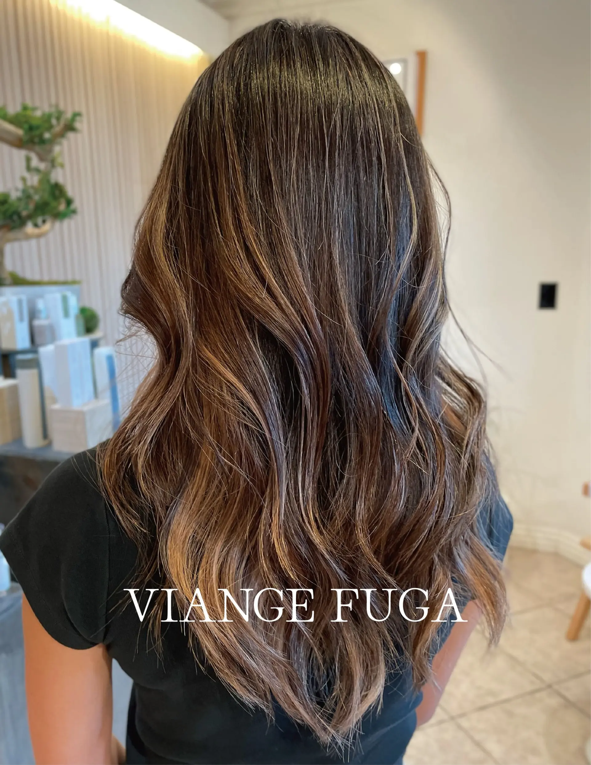 Long dark brown hair styled with soft, flowing waves and fine caramel balayage highlights. 1