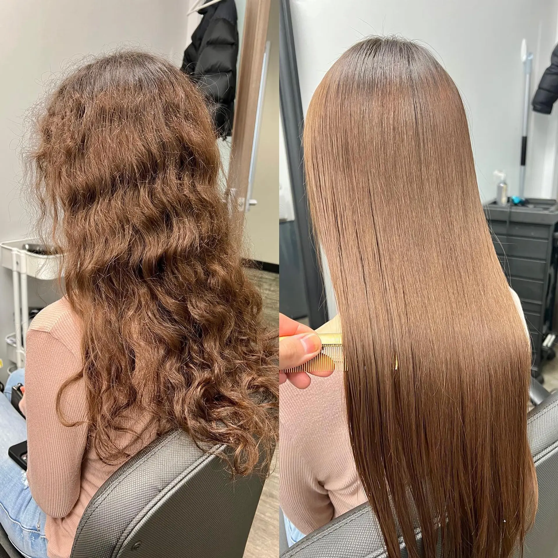 Ultra-smooth, glossy, pin-straight long hair shown in a dramatic before-and-after thermal straightening transformation. 1