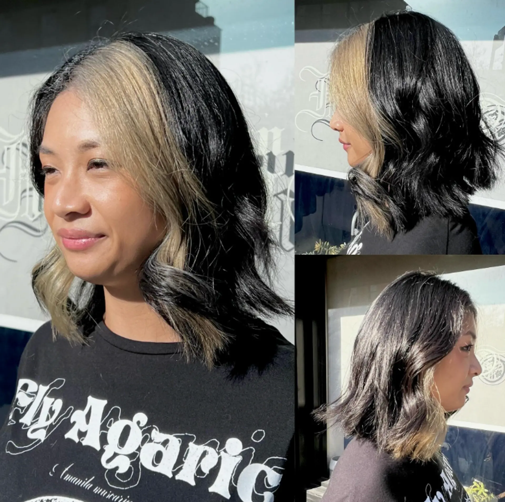 A medium-length wavy hairstyle with contrasting face-framing highlights. 1