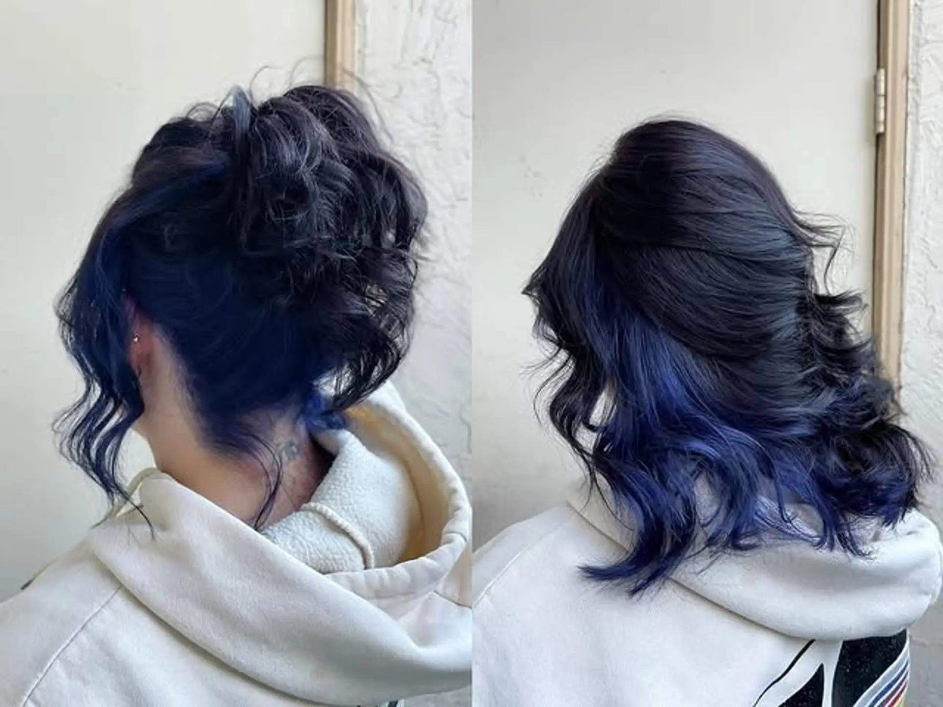 Medium length wavy hair with a dark base and a blue ombre effect. 1