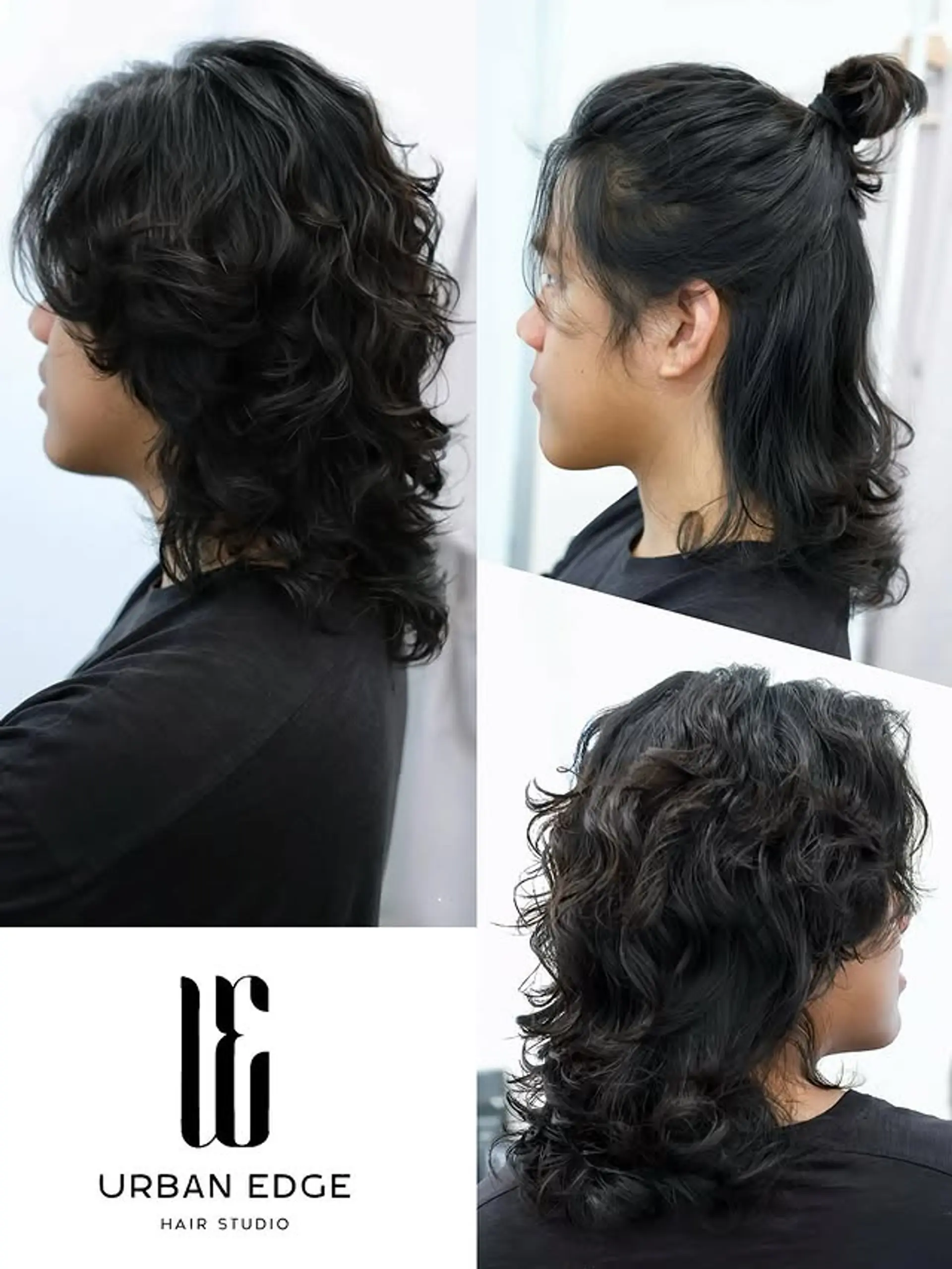 This hairstyle features a stylish medium-length perm with abundant waves and strategic layering, creating a voluminous, textured shag or modern mullet effect. It offers a low-maintenance yet trendy look with plenty of movement and body. 1