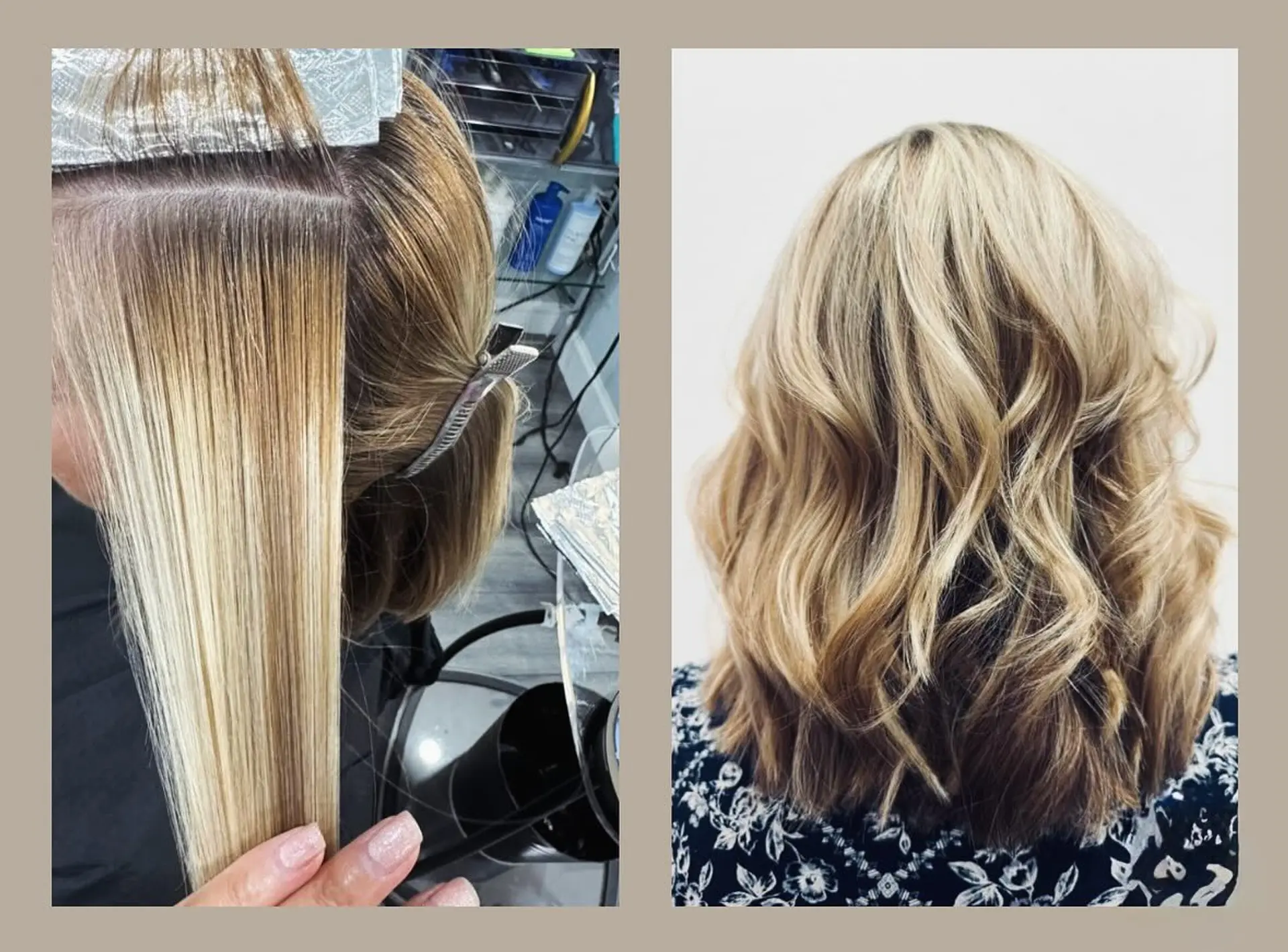 Medium-length blonde lob styled in loose, textured waves with a natural darker root melt. 1