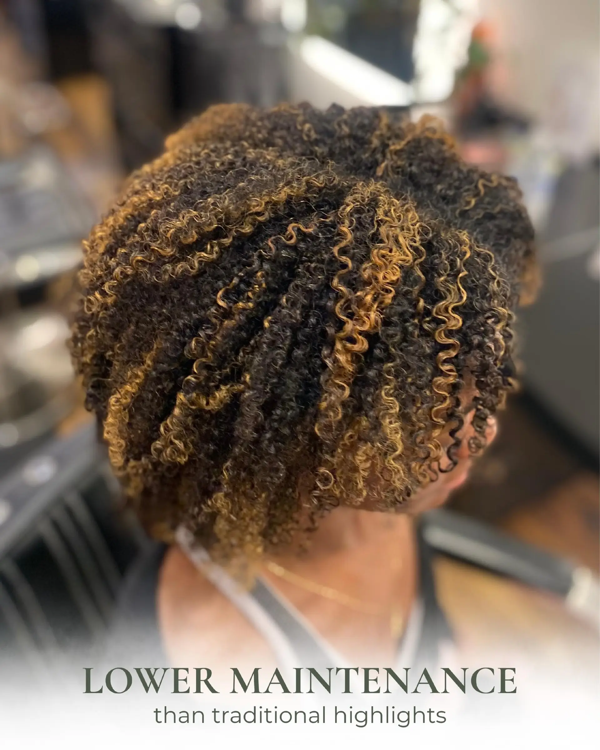 Tightly coiled curls enhanced with hand-painted caramel and honey Pintura highlights for low-maintenance dimension. 1