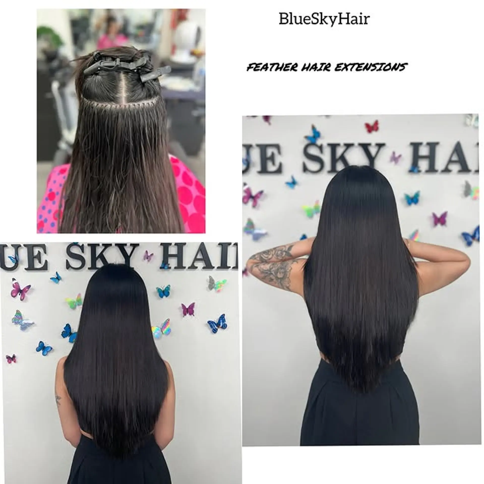 Long, straight hair with seamless feather hair extensions for added length and volume. 1