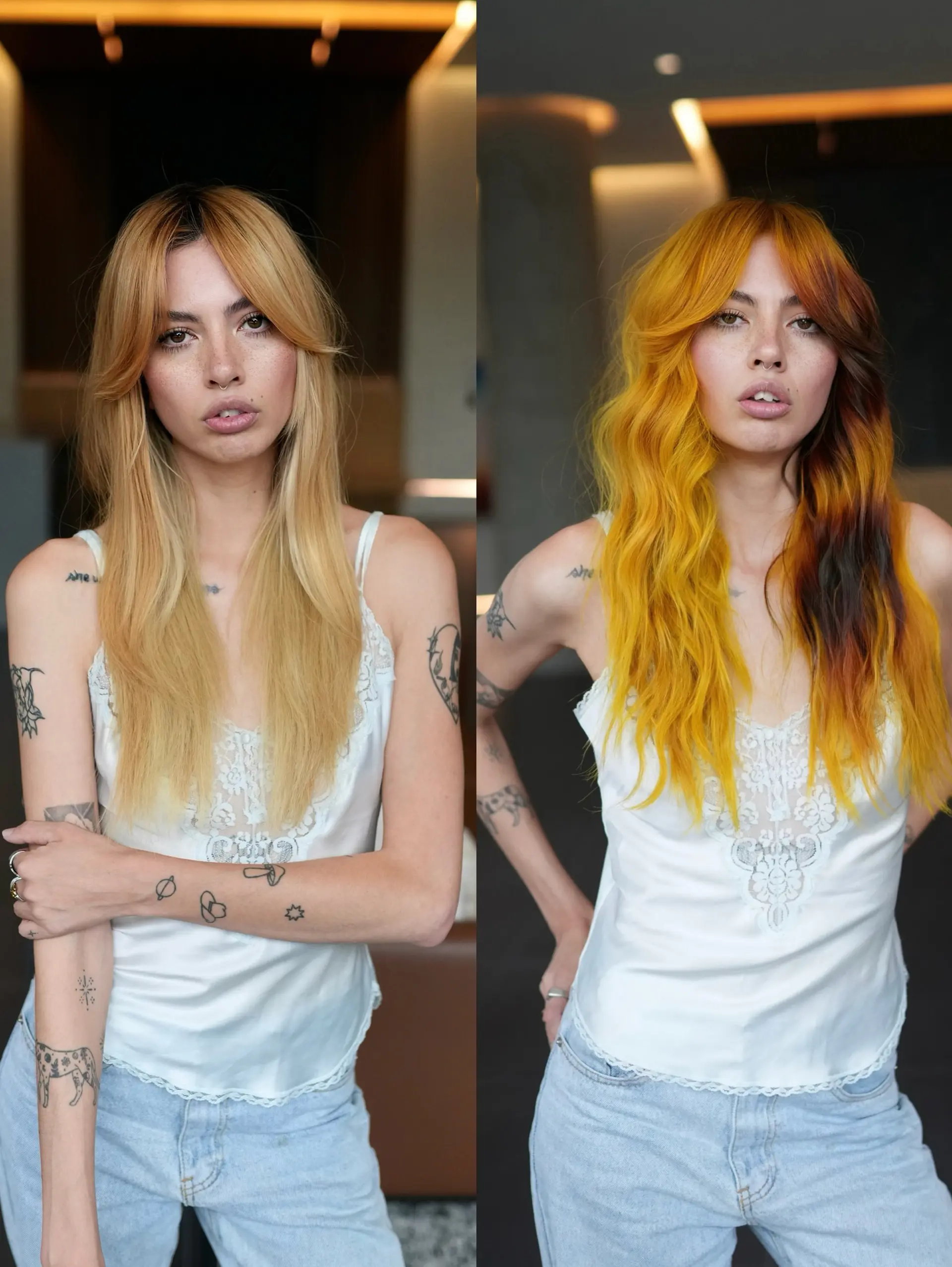 A bold sunset-inspired color transformation featuring bright marigold yellow and burnt copper tones styled in loose, textured waves with face-framing curtain bangs. 1