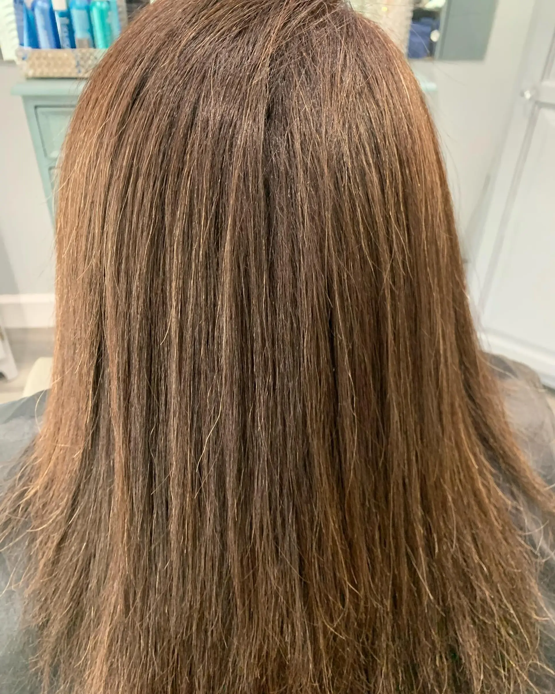Medium-length brown hair blown out straight with a textured finish. 1