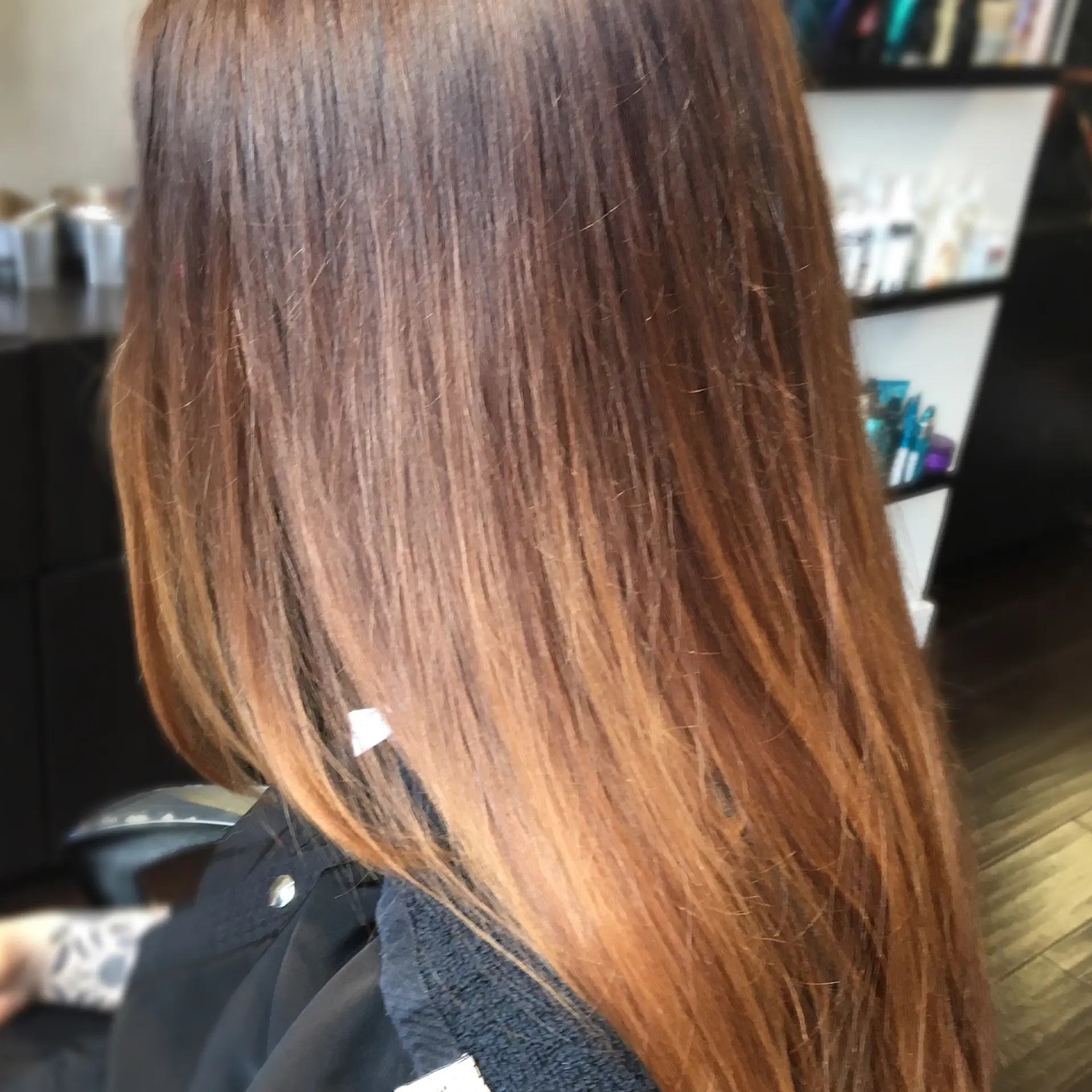 Straight, smooth long hair featuring warm caramel and golden brown balayage highlights over a rich brunette base. 1