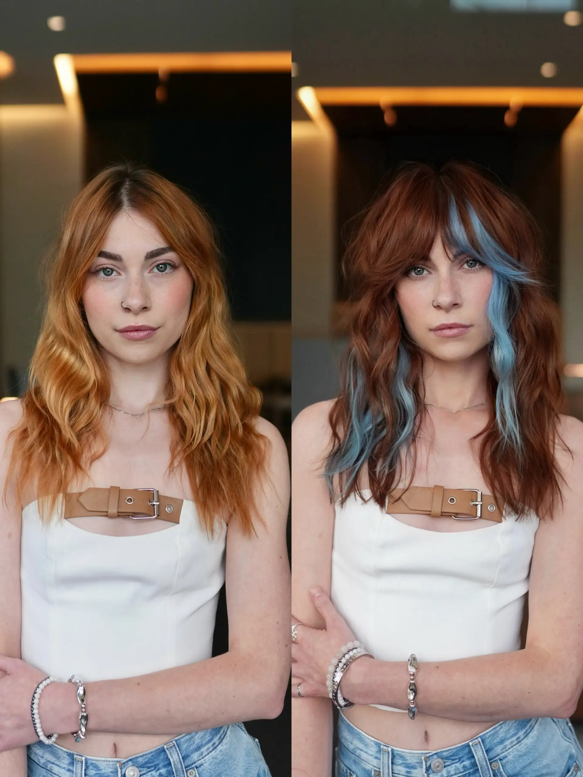 Medium-length textured shag with curtain bangs, featuring a rich cognac auburn base and a contrasting denim-blue money piece. 1