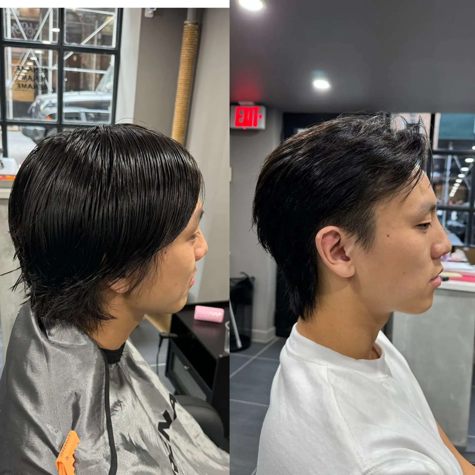 A sleek and sophisticated medium-length hairstyle with a side part, wet look finish, evenly layered strands, and tapered sides. 1