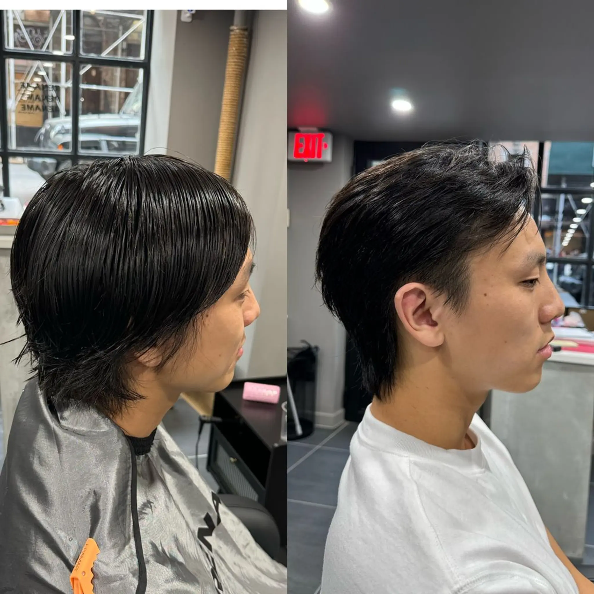A sleek and sophisticated medium-length hairstyle with a side part, wet look finish, evenly layered strands, and tapered sides.