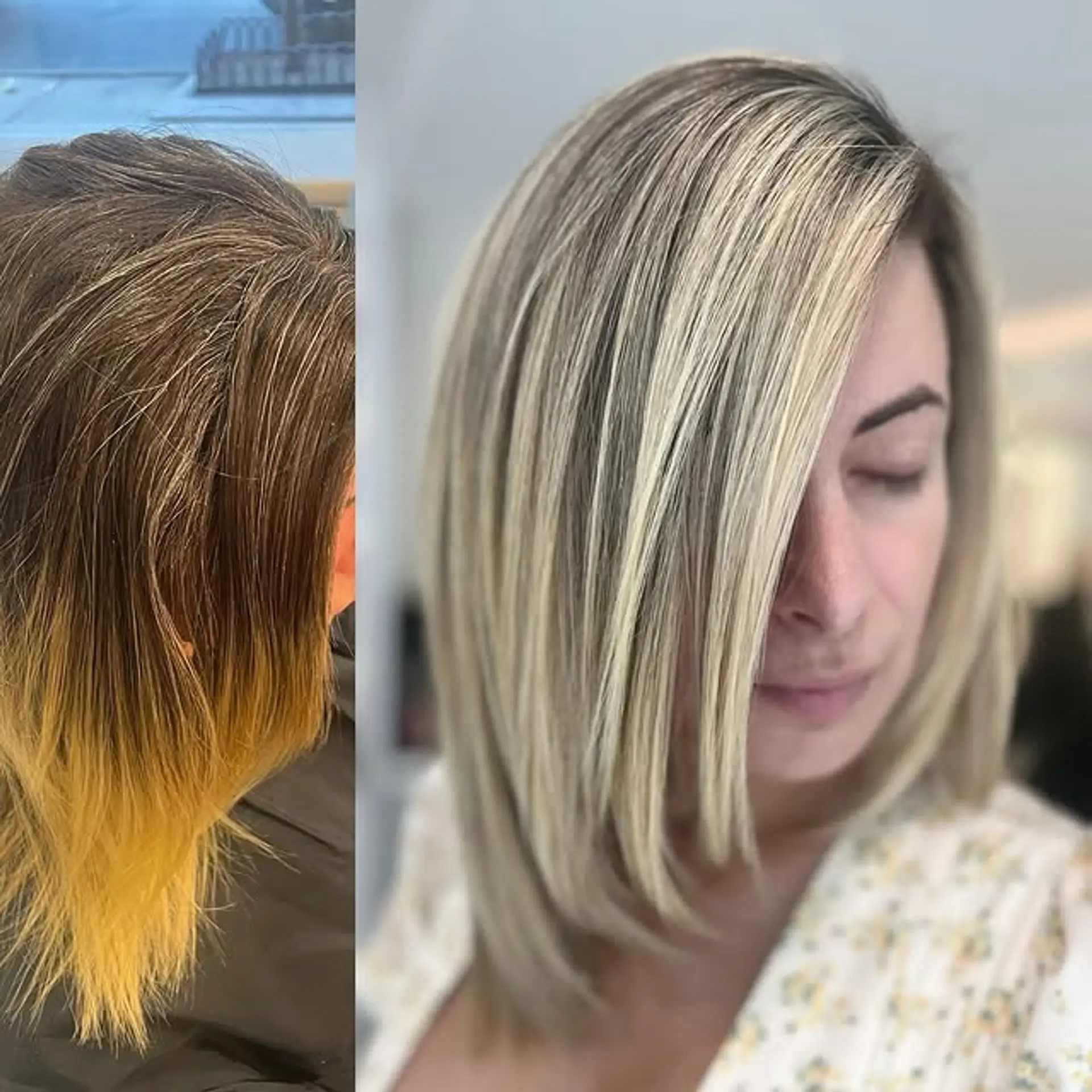 A sleek, medium-length straight hairstyle featuring face-framing layers and an icy blonde color. 1