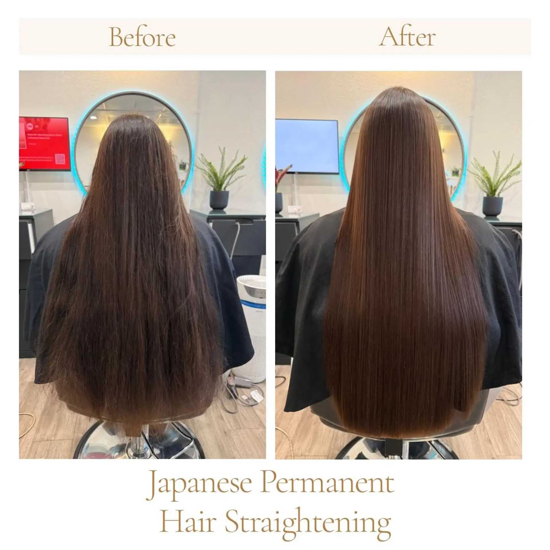 Long, glossy brunette hair transformed into a pin-straight, sleek finish shown in a before-and-after view. 1