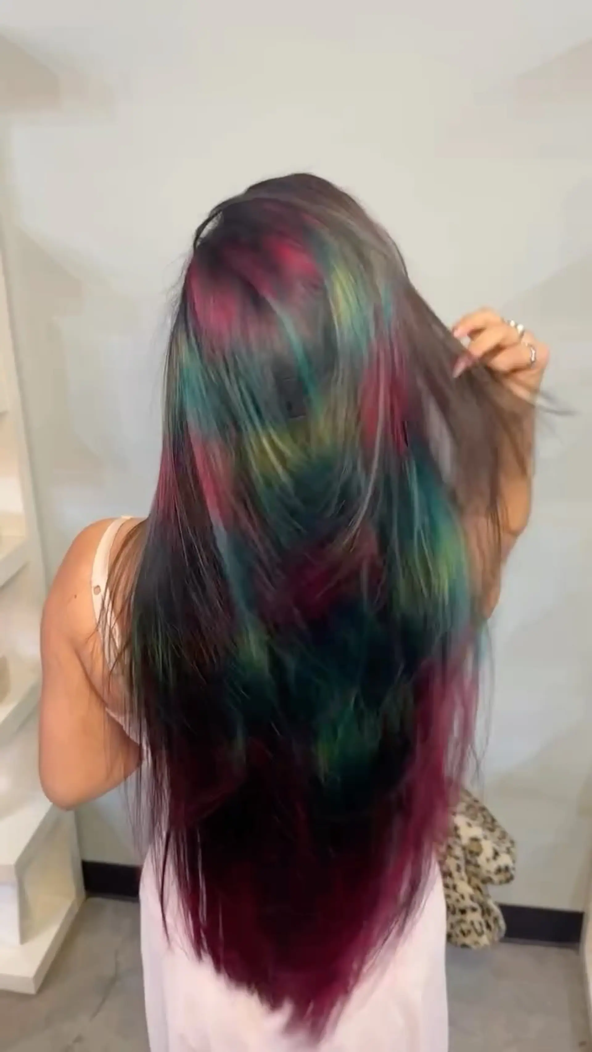 Extra-long, straight hair featuring an intricate pattern of vivid jewel tones including magenta, teal, green, and yellow blended over a dark base. 1