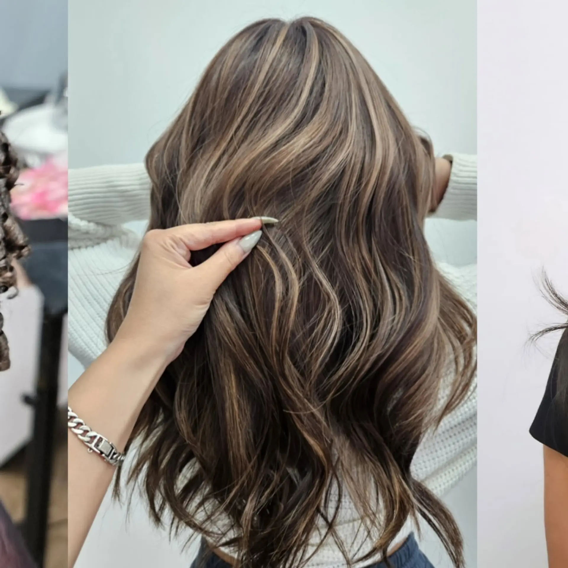 Long dimensional brunette hair styled in soft, loose waves with fine ribbons of caramel highlights. 1