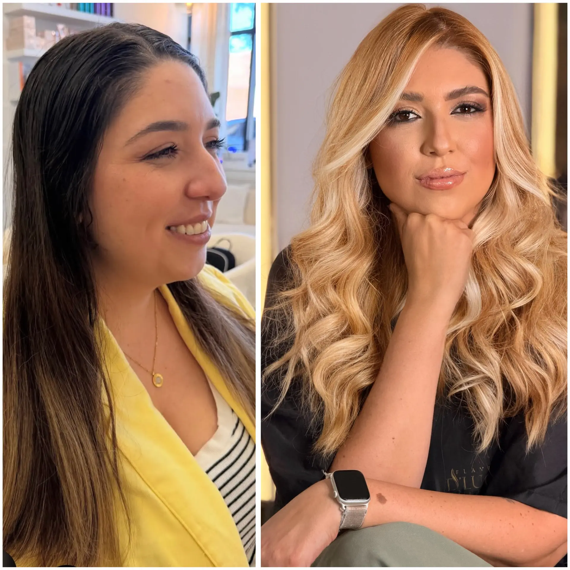 A split presentation featuring long dark hair on the left and long, warm golden blonde hair styled into full, bouncy waves on the right. 1