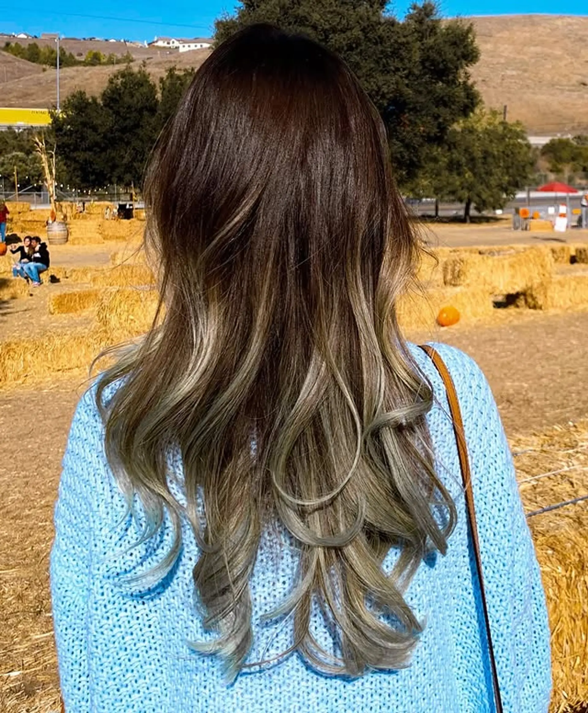 A trendy long hairstyle featuring a balayage color blend that seamlessly fades from dark brown roots into cool ash blonde and subtle muted green tones at the ends, styled with soft, cascading waves. 1