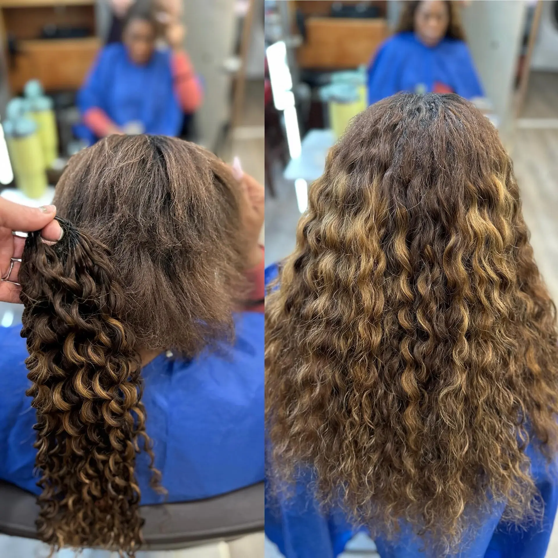 Long, voluminous curly extensions seamlessly blended into natural hair with dimensional caramel highlights. 1