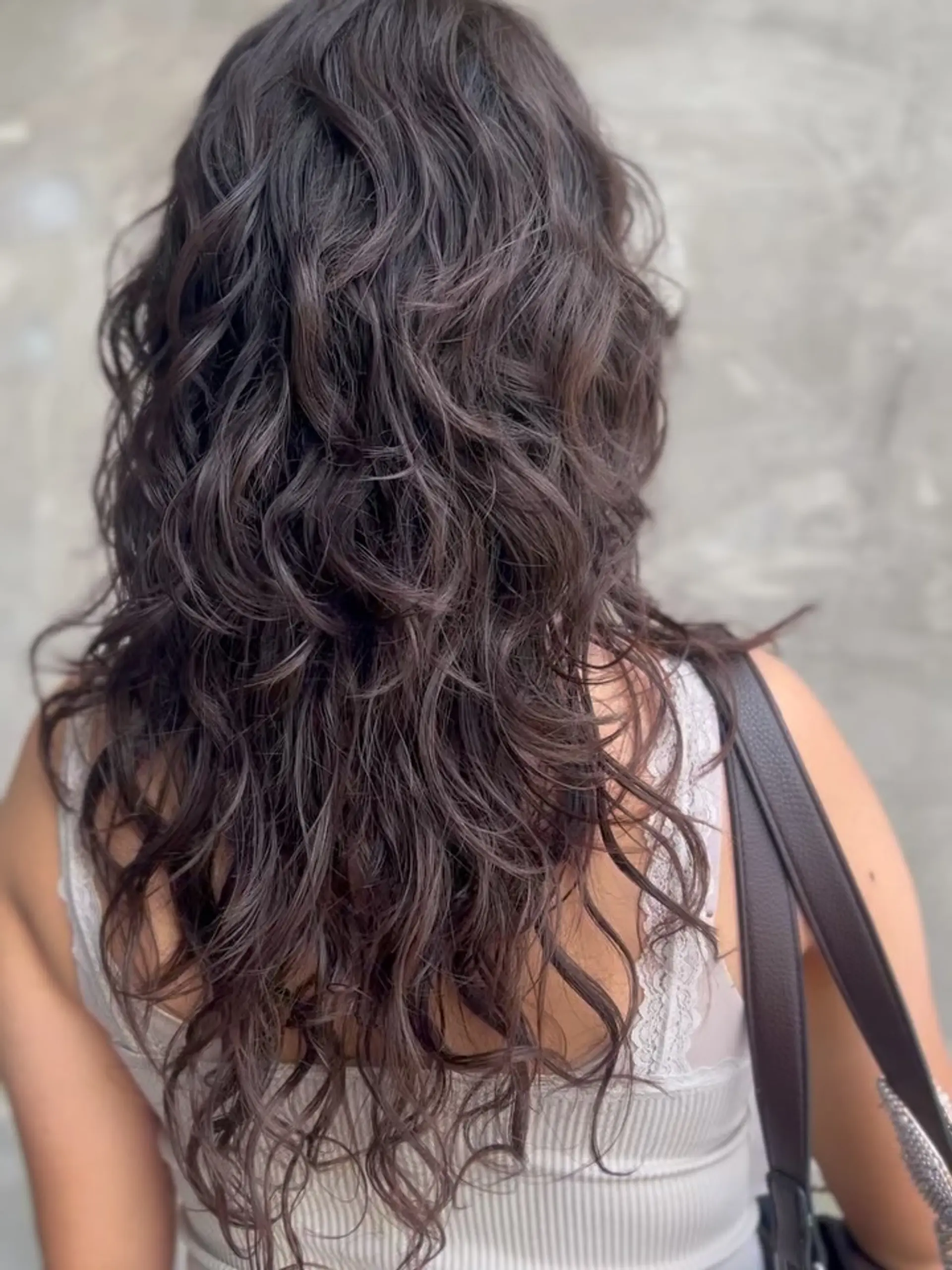 Long dark brown hair cut with soft, textured layers in a modern curly wolf cut style. 1