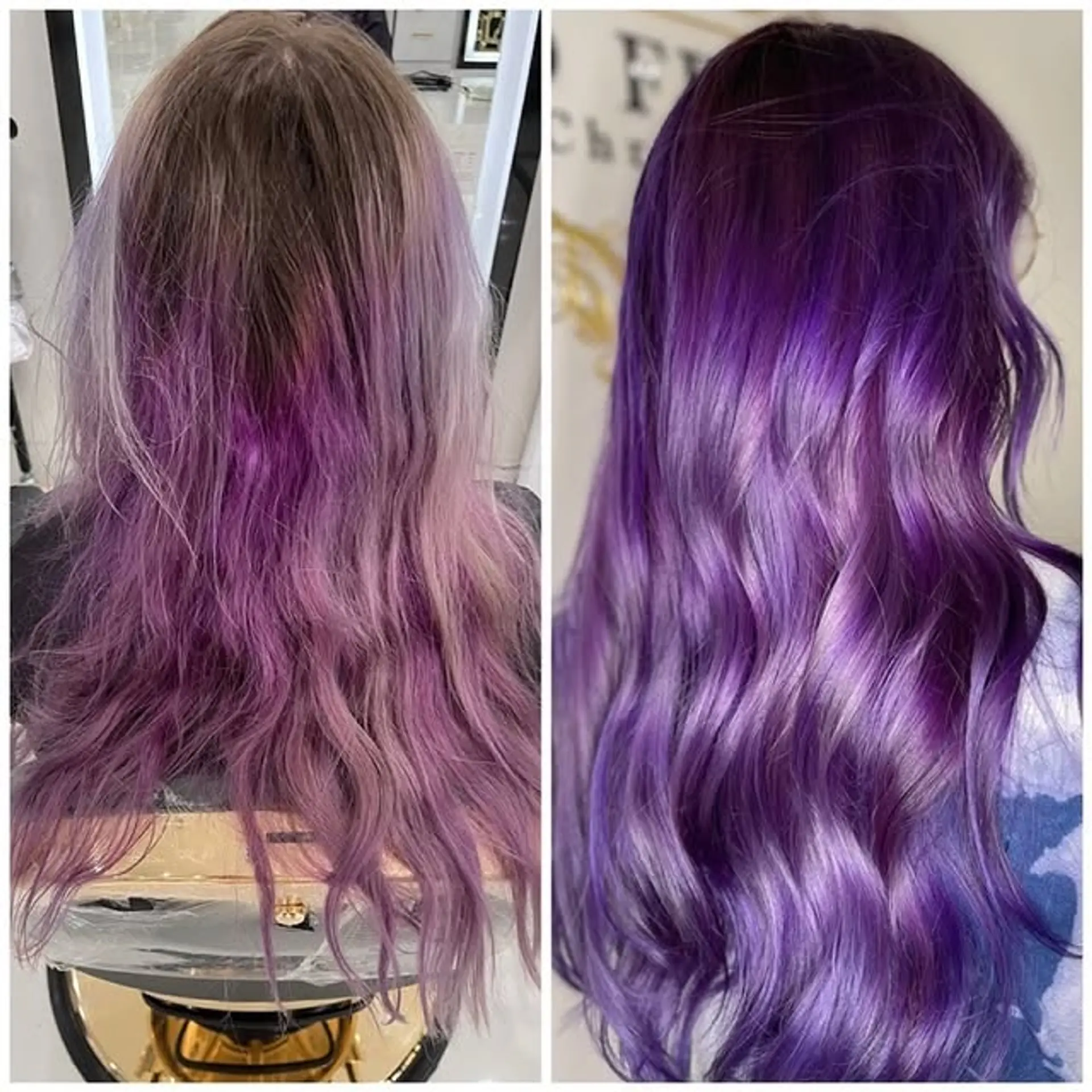 Long, wavy hair with a seamless color transition from dark roots to vibrant purple and lavender waves. 1