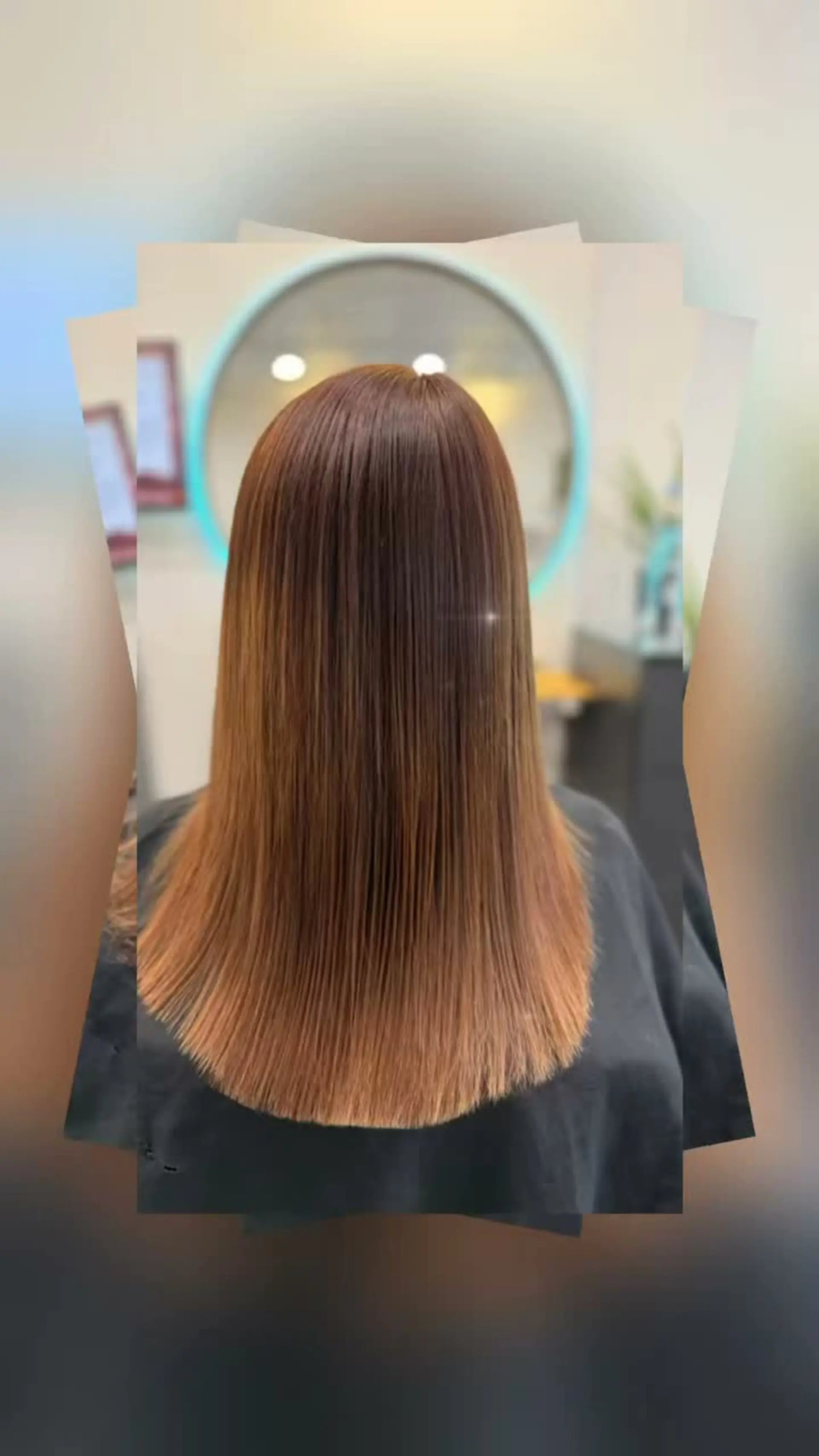 Medium-length, pin-straight glossy hair with a clean, blunt rounded perimeter. 1