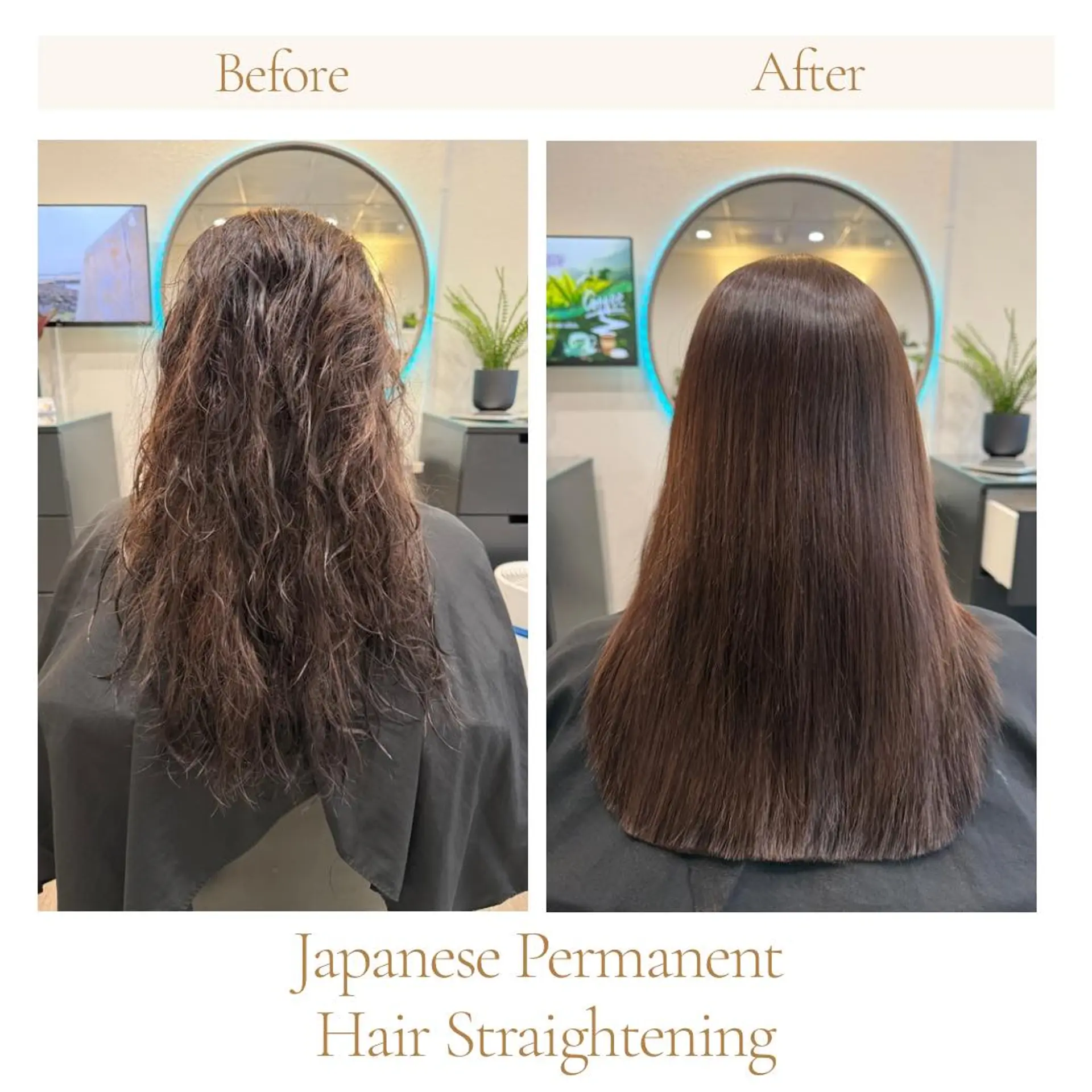 A sleek, pin-straight hair transformation shown in a before-and-after comparison, turning textured, frizzy waves into high-gloss, ultra-smooth straight locks. 1