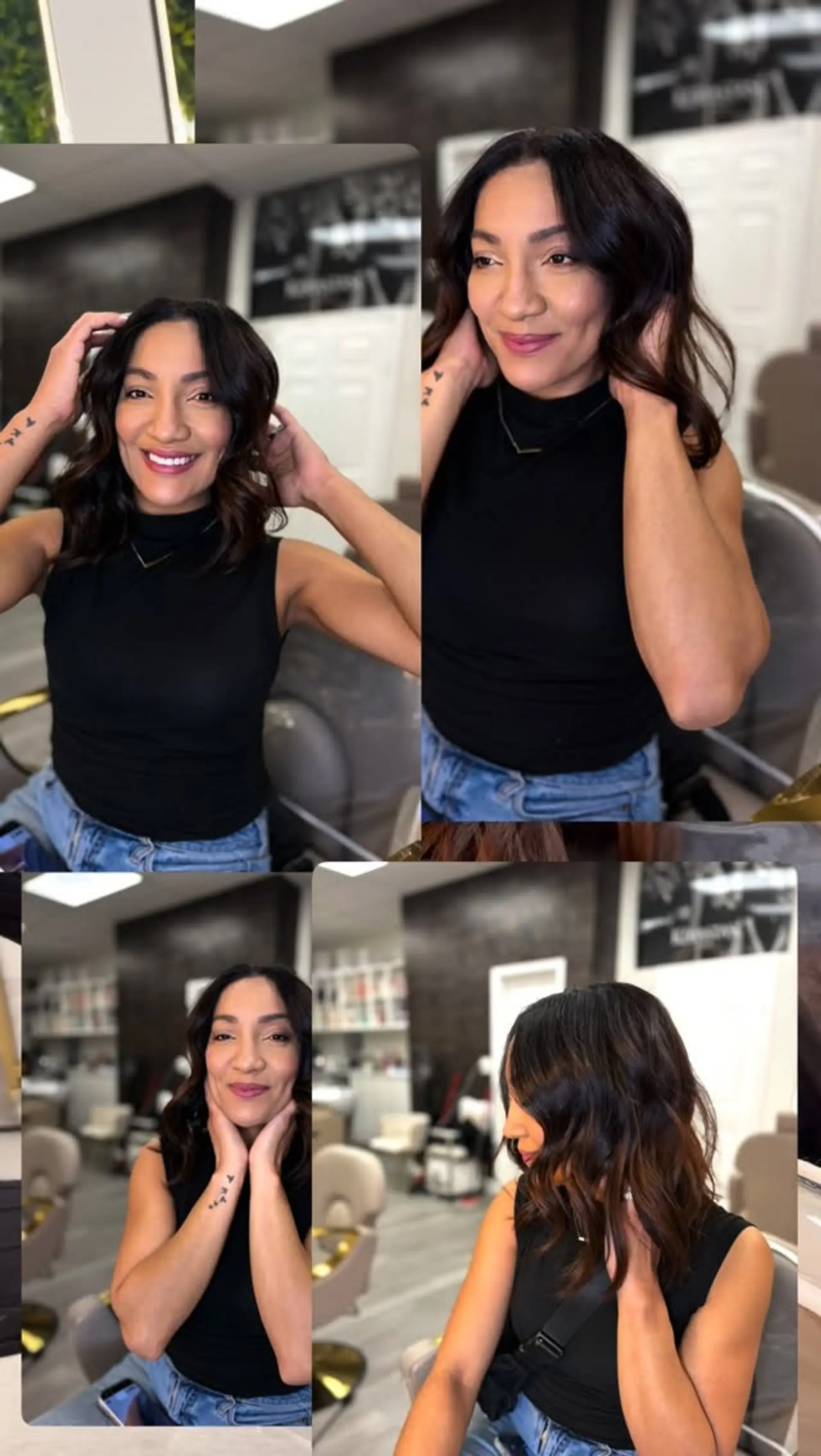 A glossy shoulder-length dark brunette lob styled with soft, dimensional waves. 1