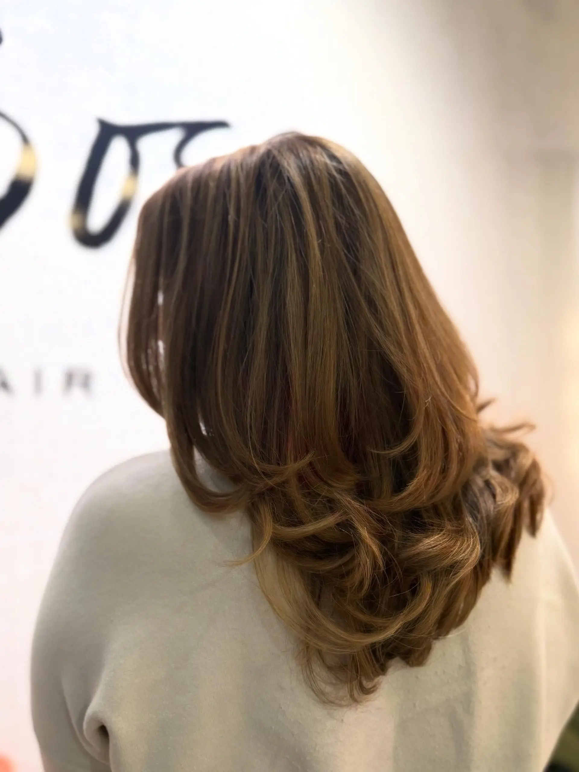 Rich autumn bronde hair cut with long cascading layers and styled in a bouncy, voluminous blowout. 1
