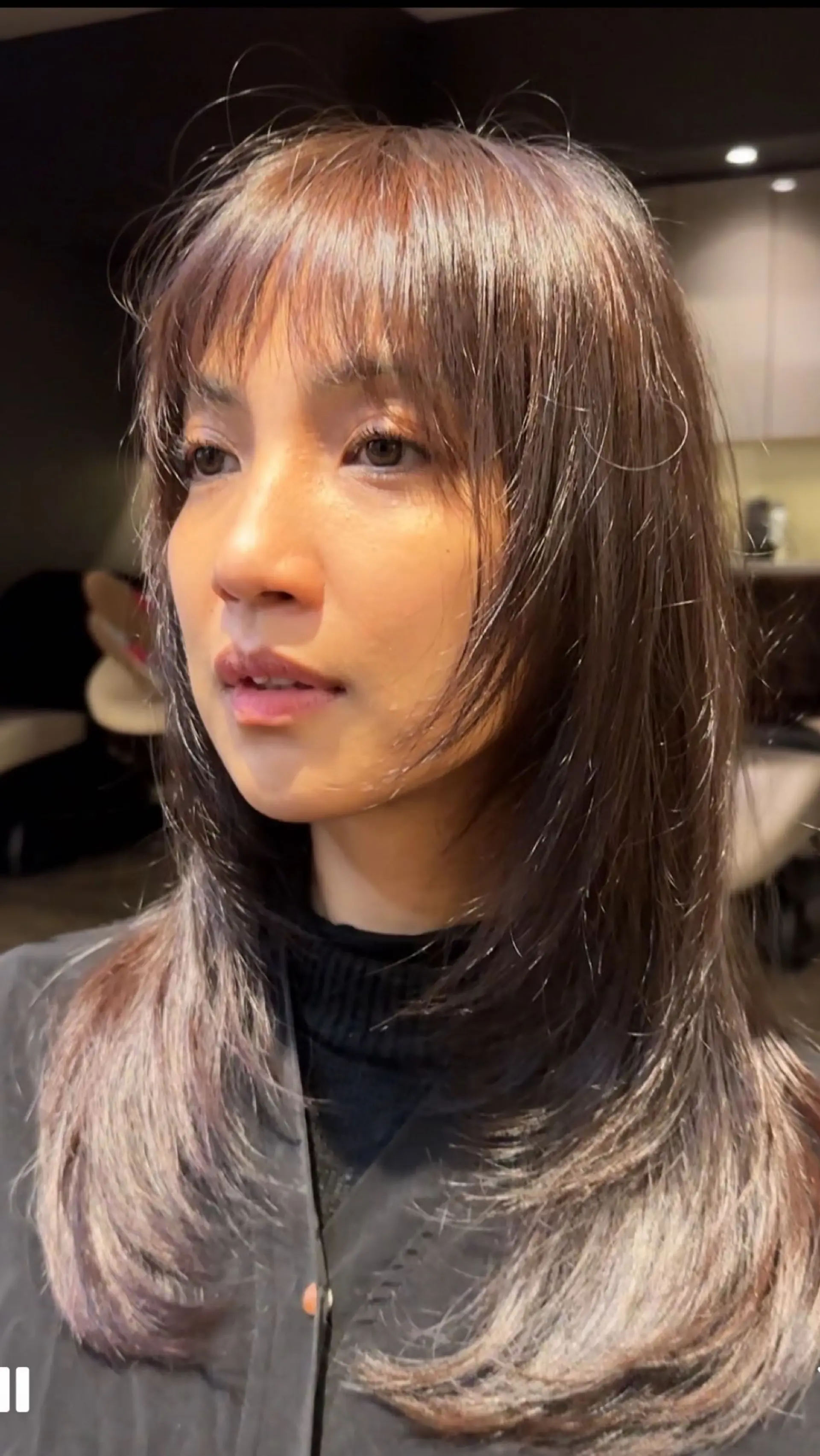 A long, feathered brunette haircut with face-framing layers and soft, wispy bangs. 1