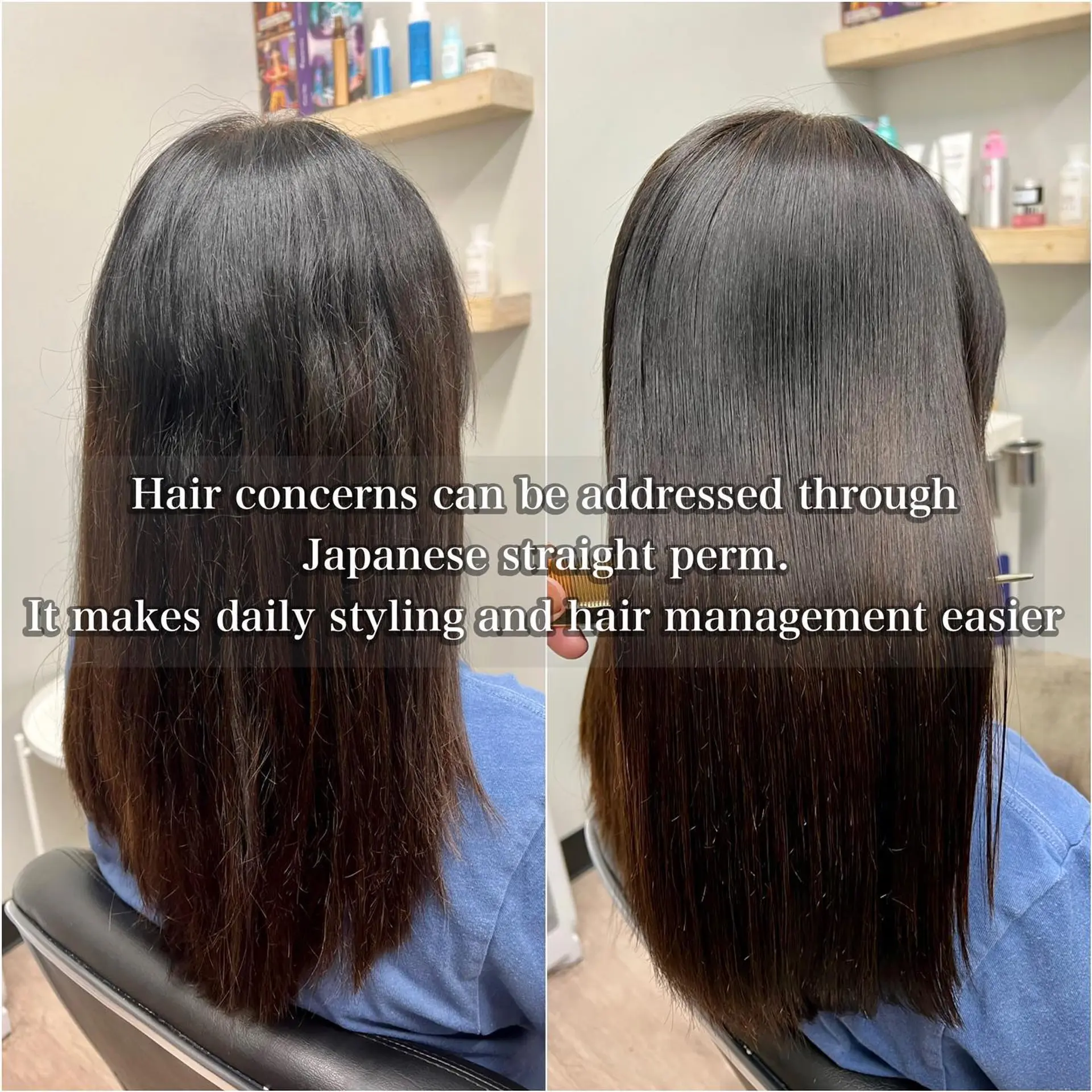 A side-by-side transformation showcasing frizzy, textured hair transformed into pin-straight, ultra-smooth locks. 1