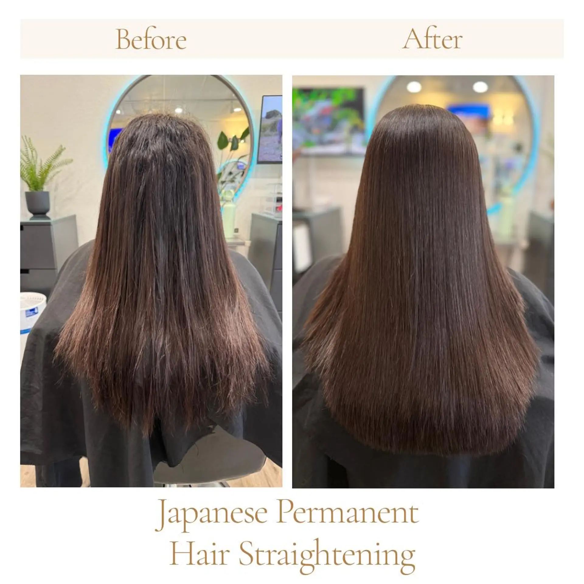 Sleek and shiny long dark brown hair styled stick-straight after a Japanese permanent straightening treatment. 1