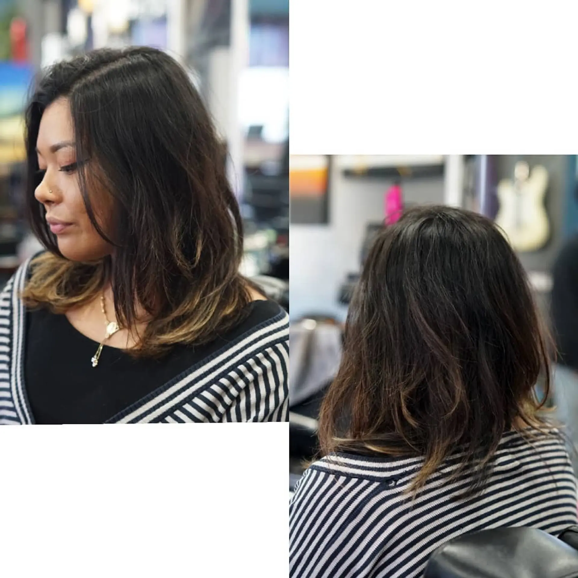 A medium-length layered haircut styled with soft waves and subtle warm highlights through the ends. 1