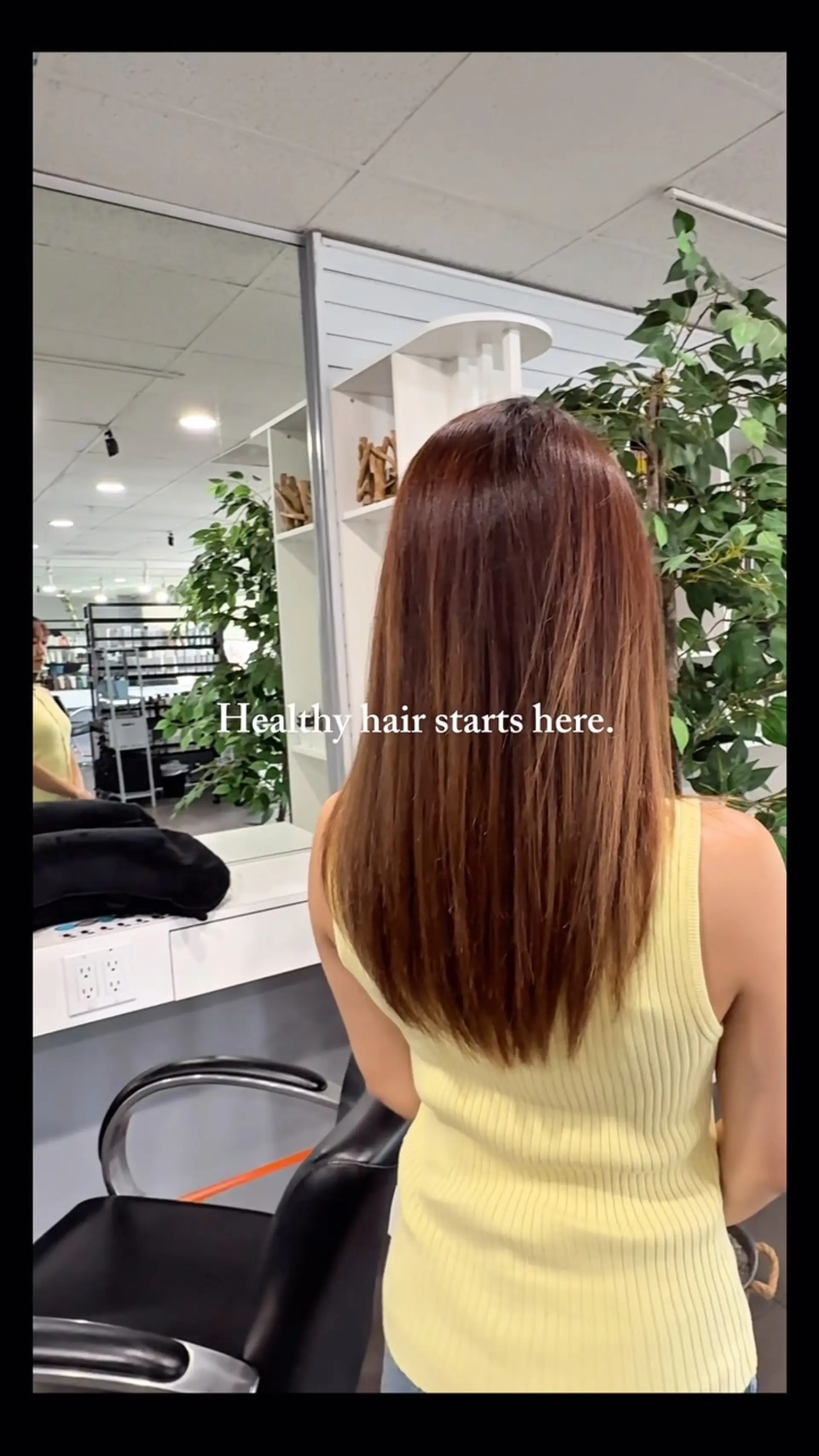 Long, sleek straight warm brown hair with a glossy shine and gently tapered ends. 1