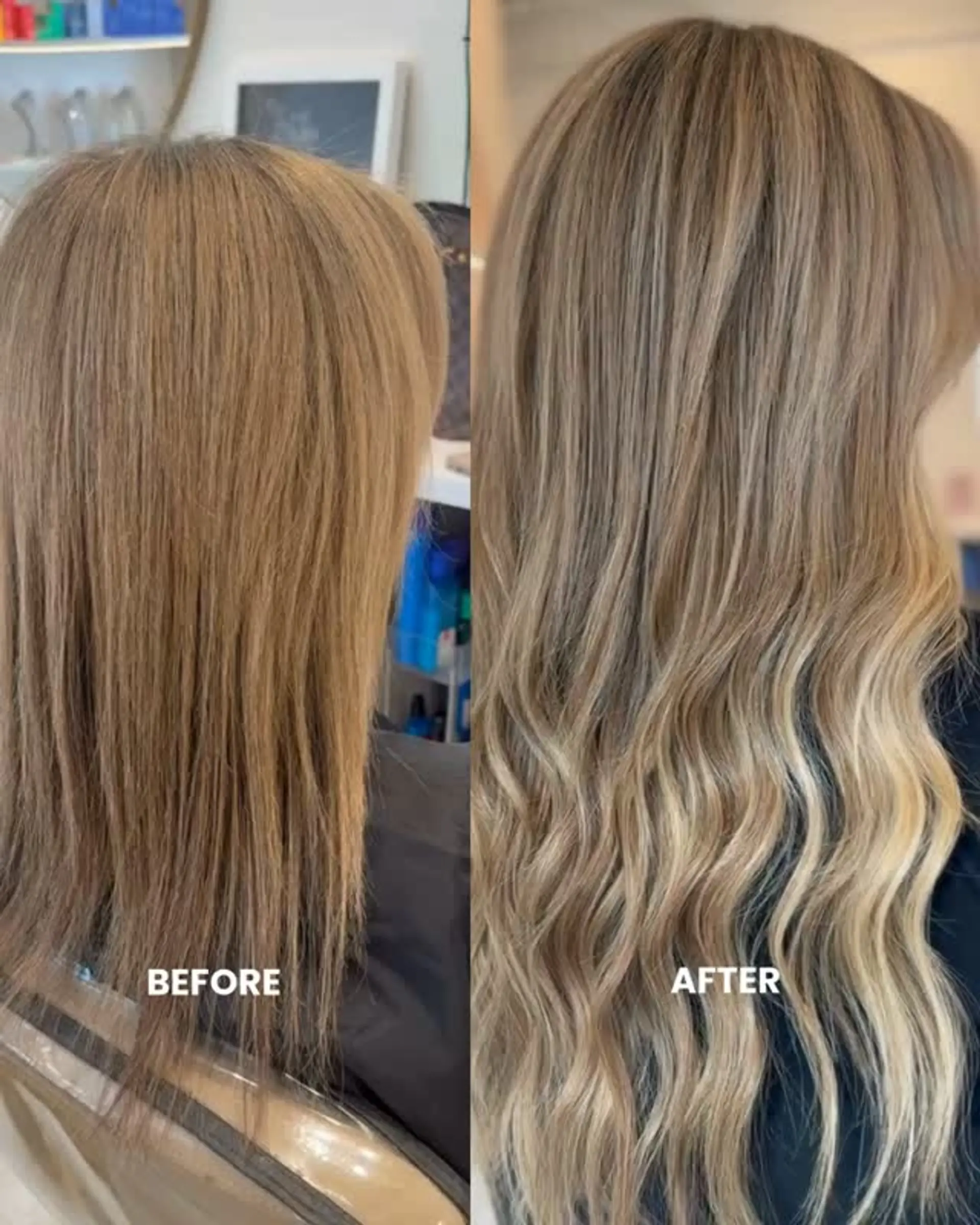 Long hair featuring a seamless blonde balayage transition styled into soft, beachy waves. 1