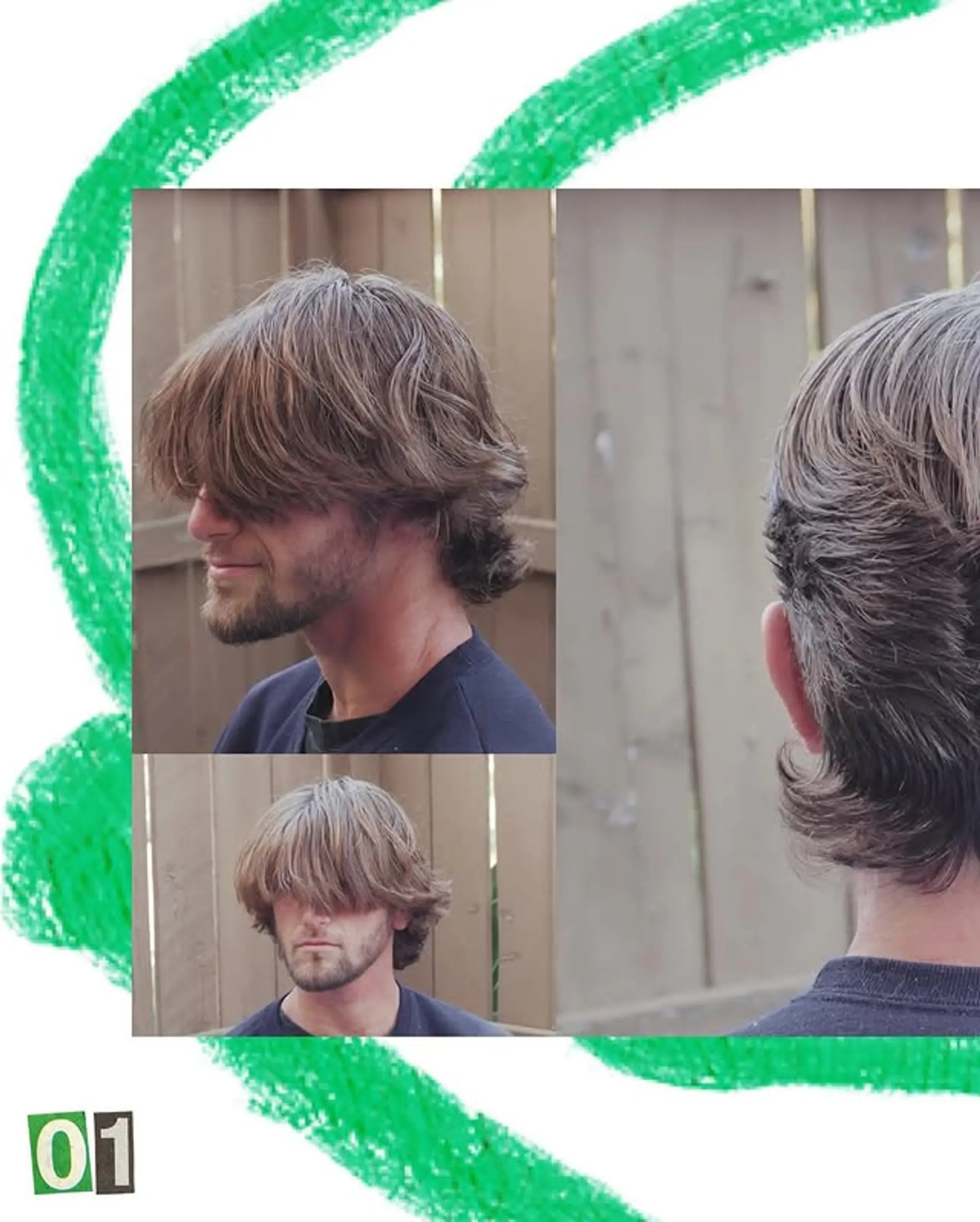 A contemporary take on the classic mullet, featuring wavy layers and noticeable bangs. 1