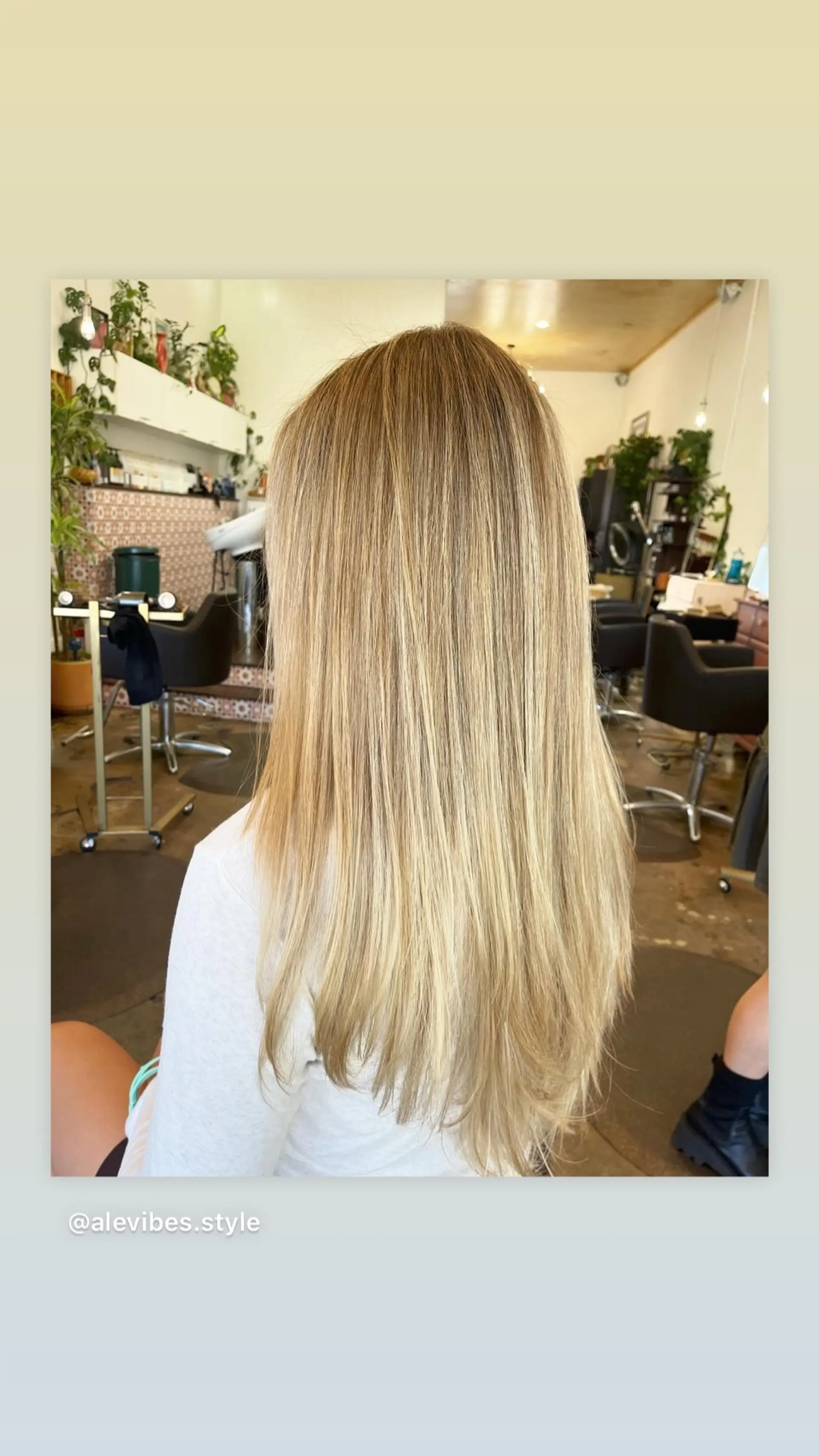 Long, straight layered cut with light and golden blonde shades. 1