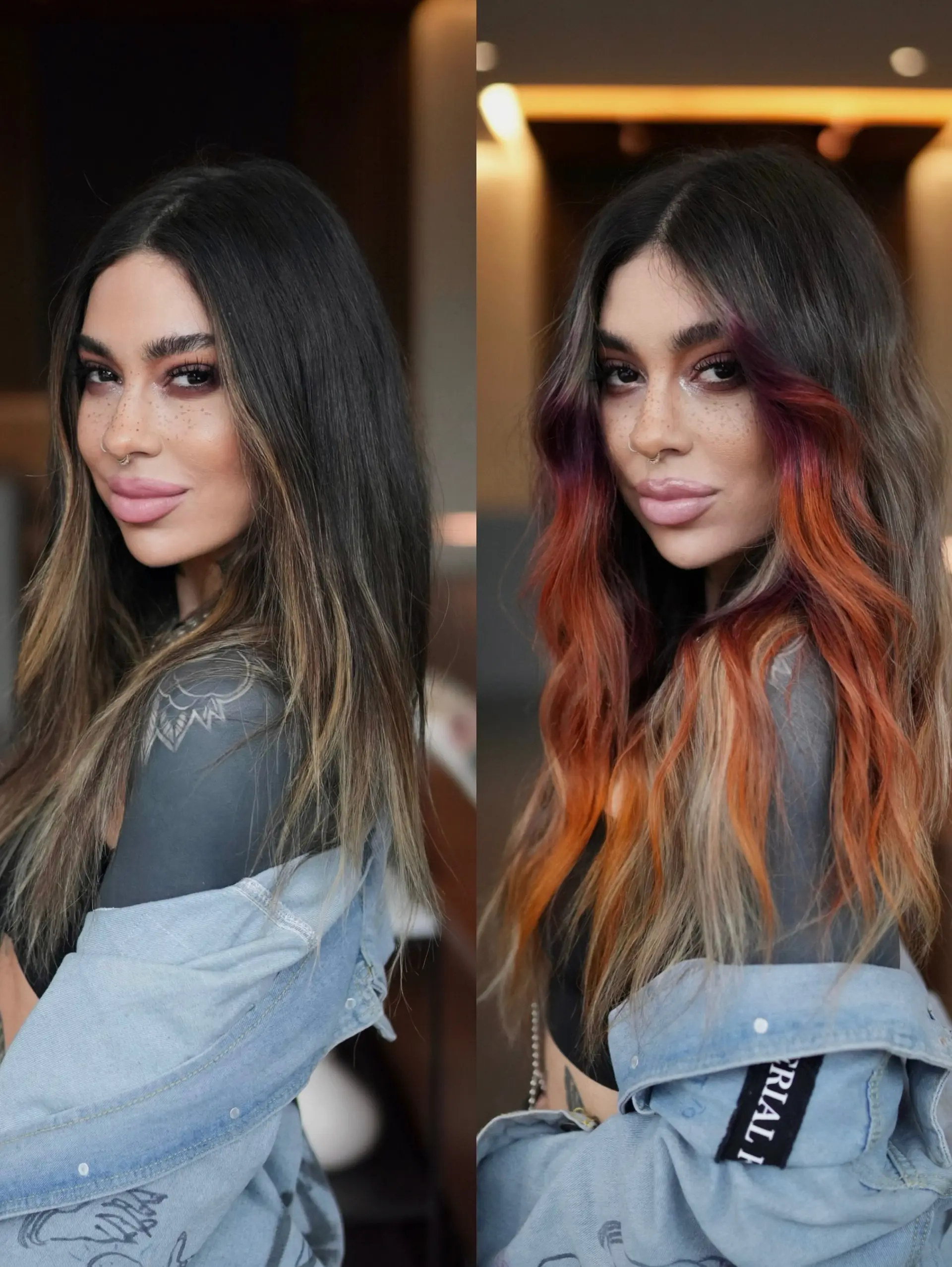 A dramatic before-and-after transformation featuring dark brunette long hair enhanced with vibrant sunset face-framing ribbons of magenta, coral, and fiery orange. 1